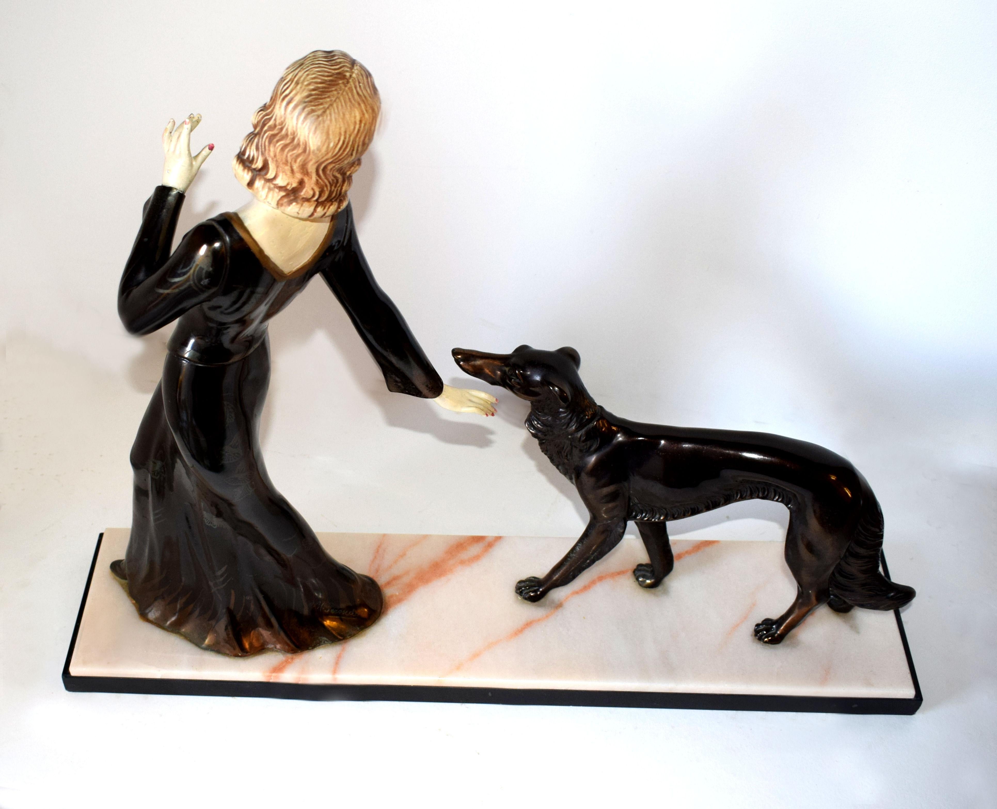 Huge Art Deco Figural Group by M. Secondo 'Lady and Her Dog' In Good Condition In Devon, England