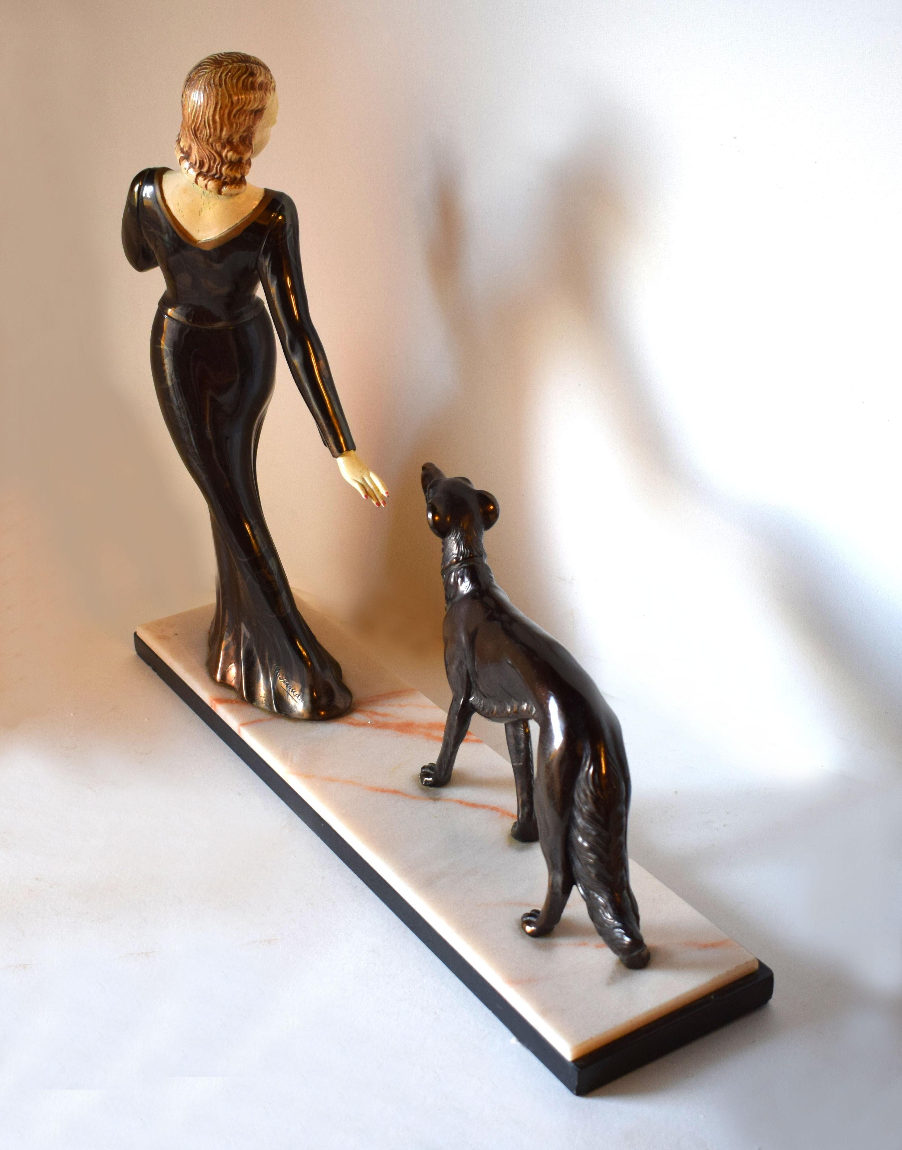 20th Century Huge Art Deco Figural Group by M. Secondo 'Lady and Her Dog'