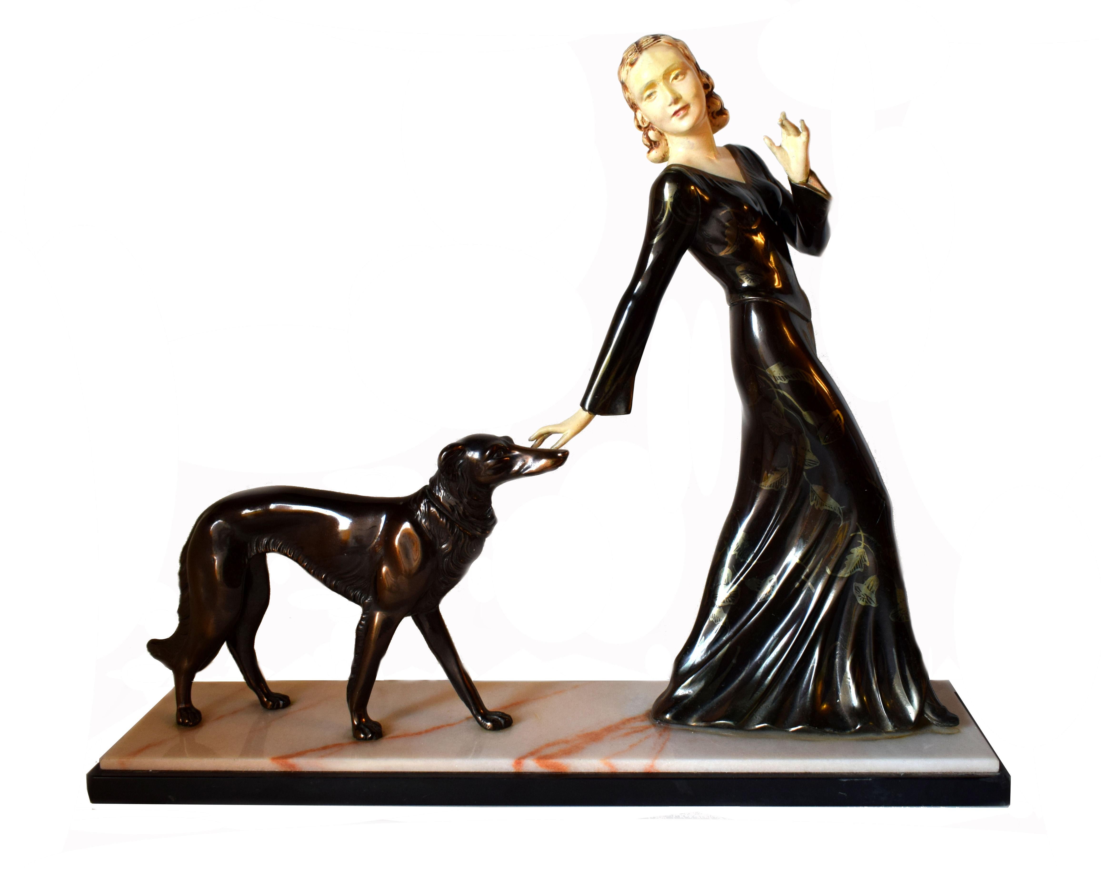 Spelter Huge Art Deco Figural Group by M. Secondo 'Lady and Her Dog'