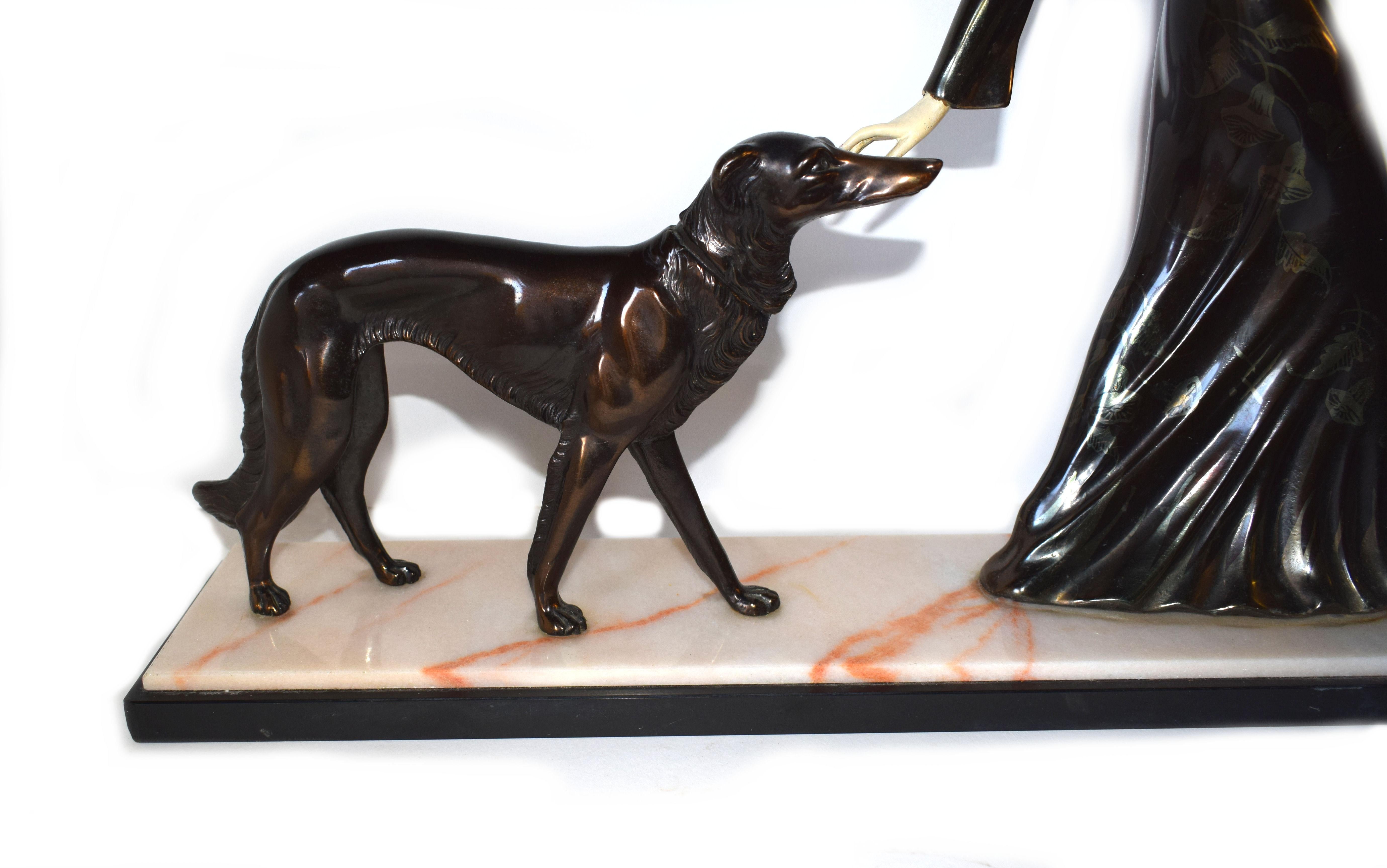 Huge Art Deco Figural Group by M. Secondo 'Lady and Her Dog' 1