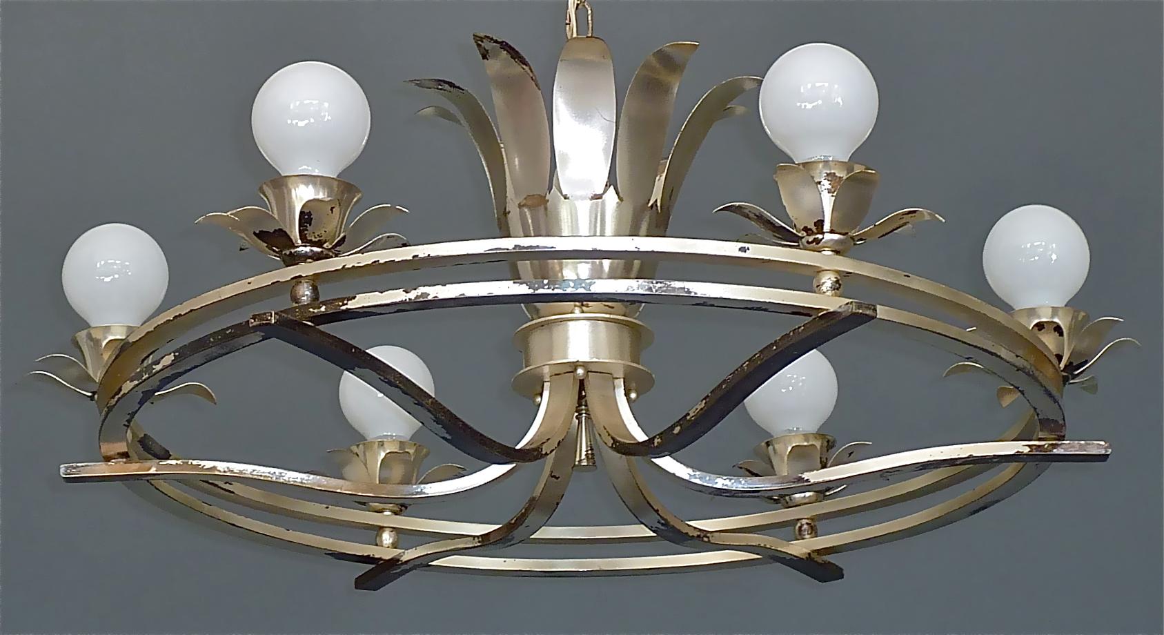 Huge Art Deco Flower Leaf Chandelier Silver Brass White Globe Glass France 1930s For Sale 5