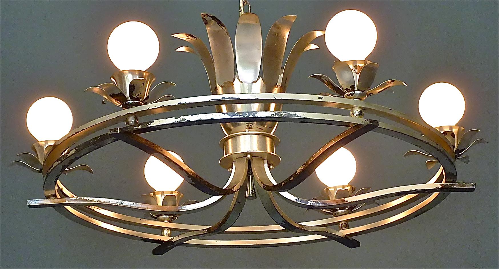 Huge Art Deco Flower Leaf Chandelier Silver Brass White Globe Glass France 1930s For Sale 7