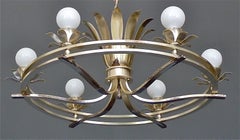 Huge Art Deco Flower Leaf Chandelier Silver Brass White Globe Glass France 1930s