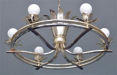 Huge Art Deco Flower Leaf Chandelier Silver Brass White Globe Glass France 1930s