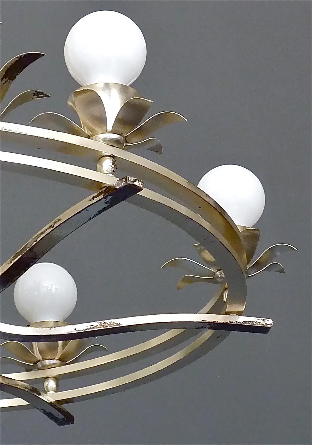 Mid-20th Century Huge Art Deco Flower Leaf Chandelier Silver Brass White Globe Glass France 1930s For Sale