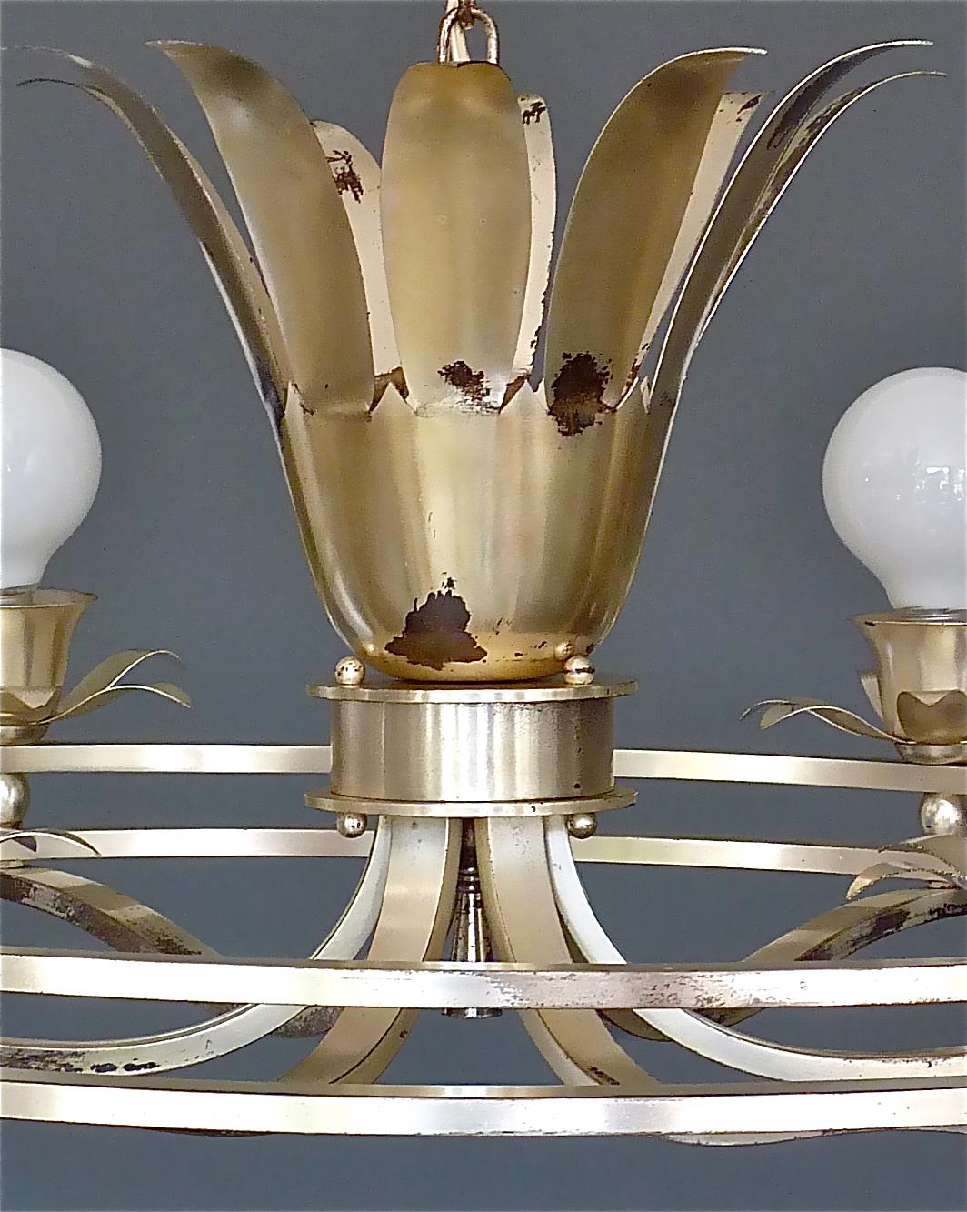 Metal Huge Art Deco Flower Leaf Chandelier Silver Brass White Globe Glass France 1930s For Sale