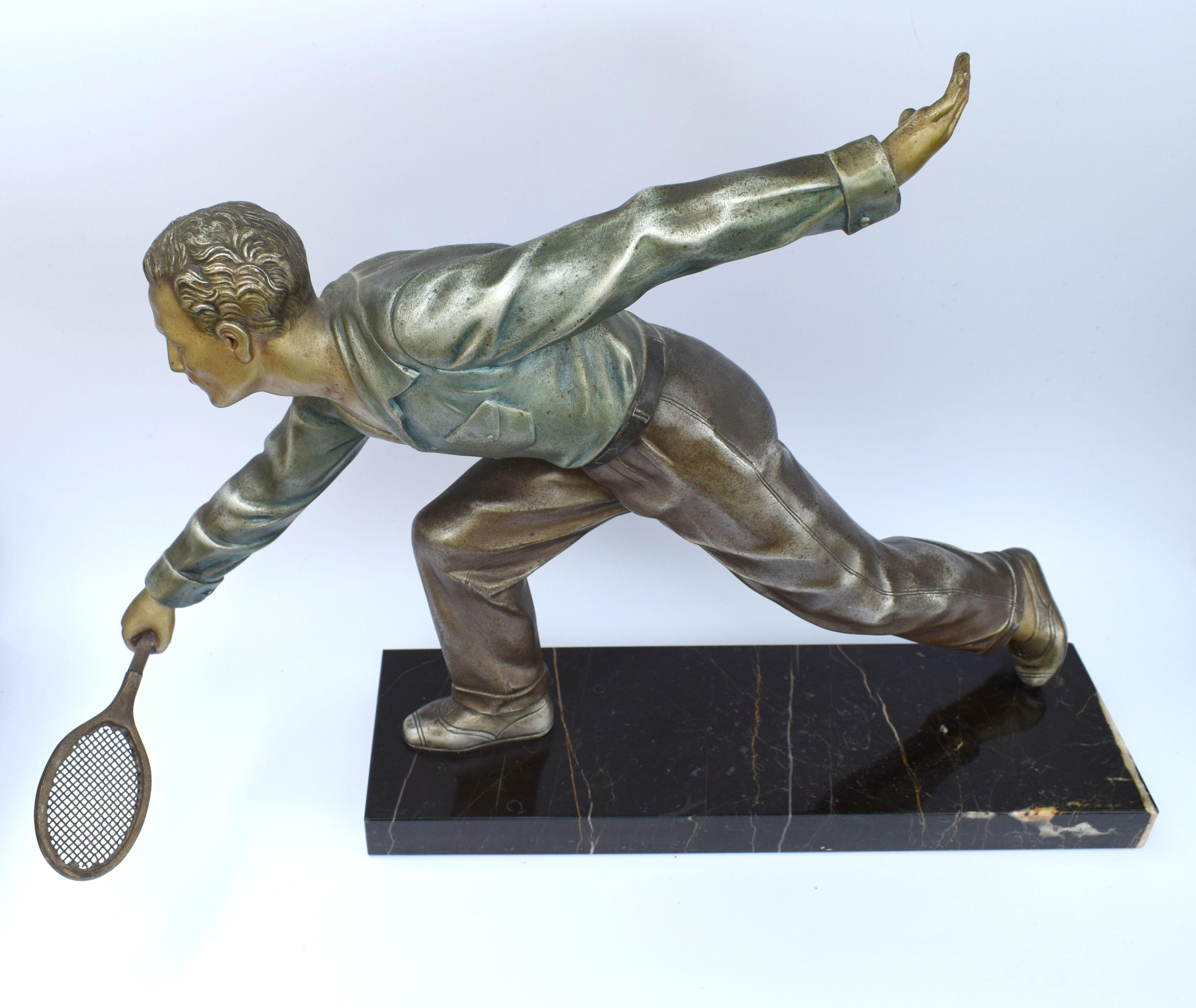 Spelter Huge Art Deco Male Figure Tennis Player, French, circa 1930 For Sale
