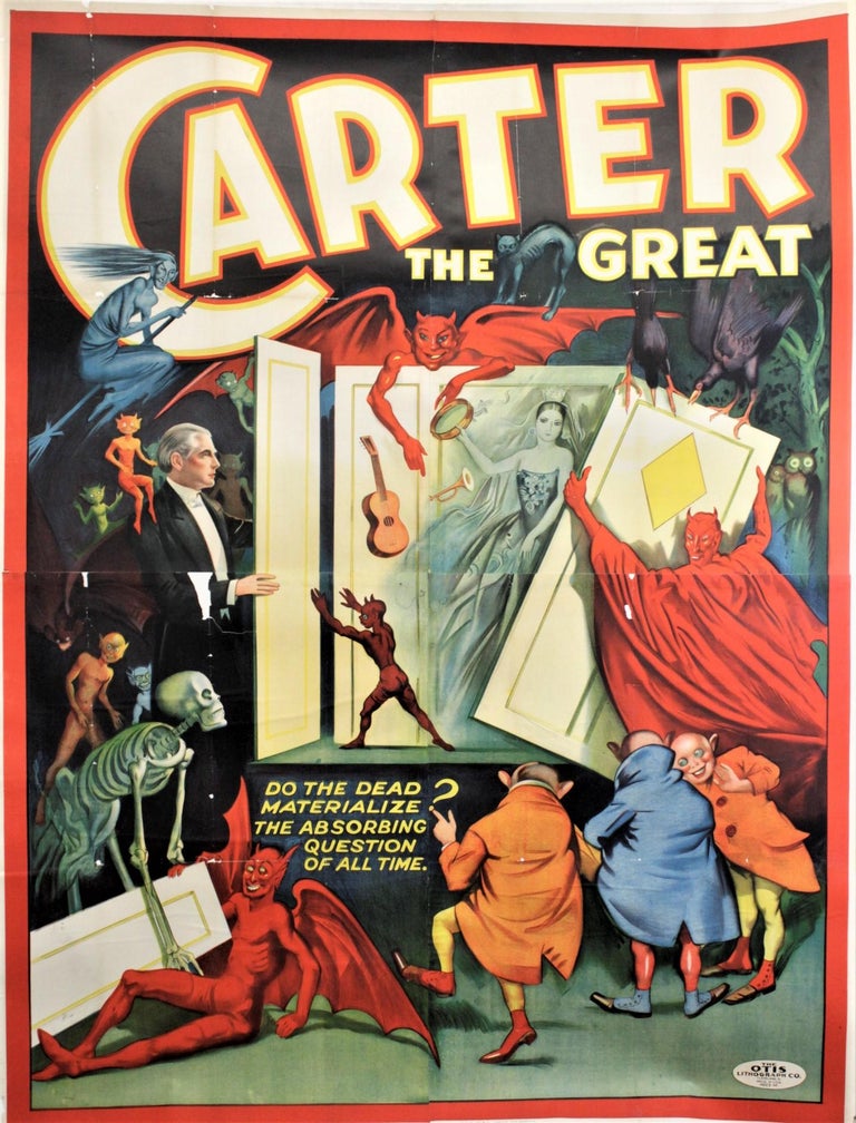 This enormous and extremely colorful cloth backed 'Carter the Great' poster was produced by the Otis Lithograph Company of Cleveland Ohio of the United States in approximately 1926 in the period Art Deco style. Charles J. Carter a.k.a 'Carter the