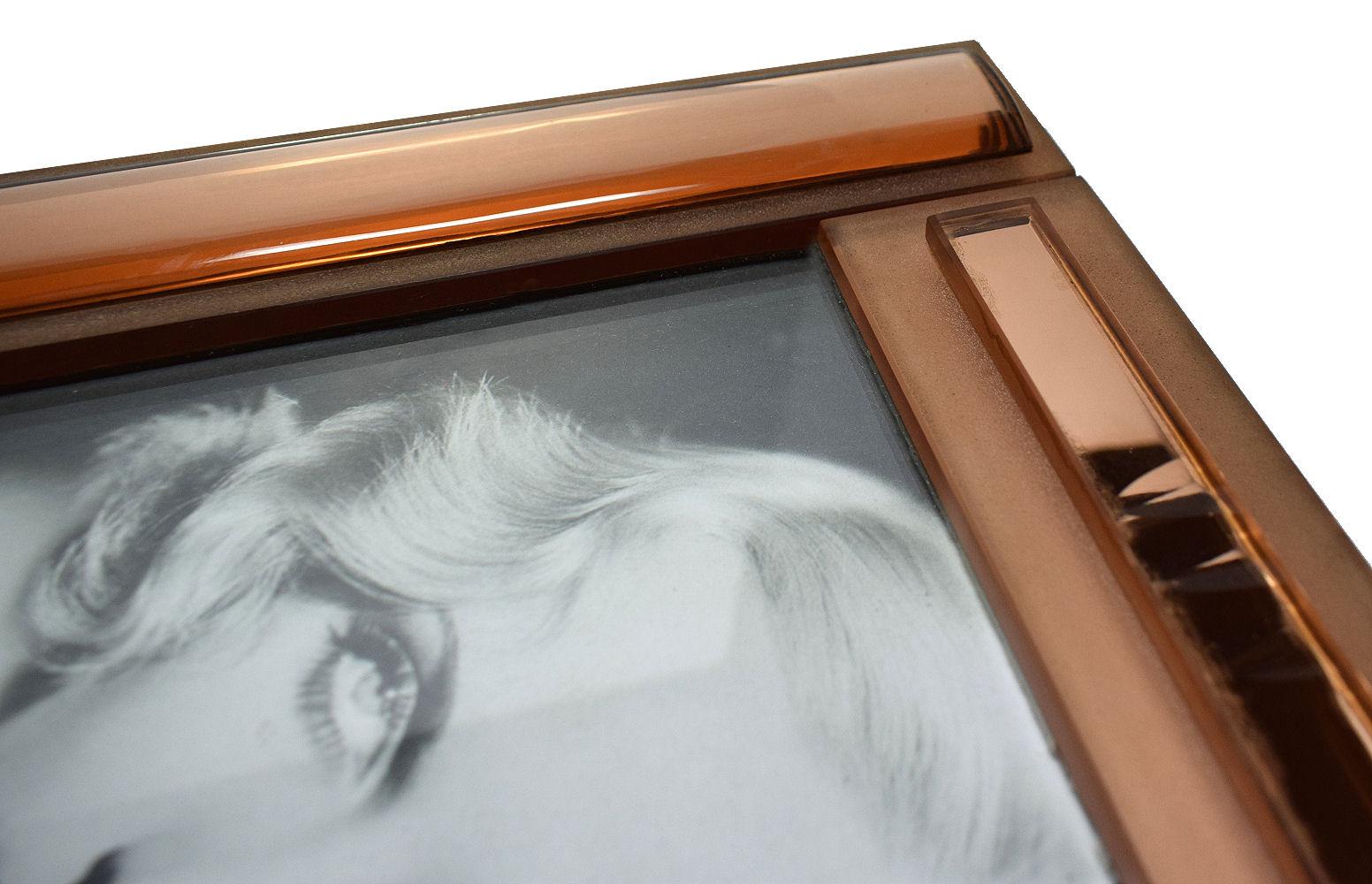 French Huge Art Deco Peach Mirrored Bevelled Glass Picture Frame, circa 1930