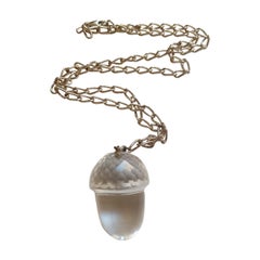 Huge Art Deco Rock Crystal Acorn Pendant on Sterling Silver Chain Necklace