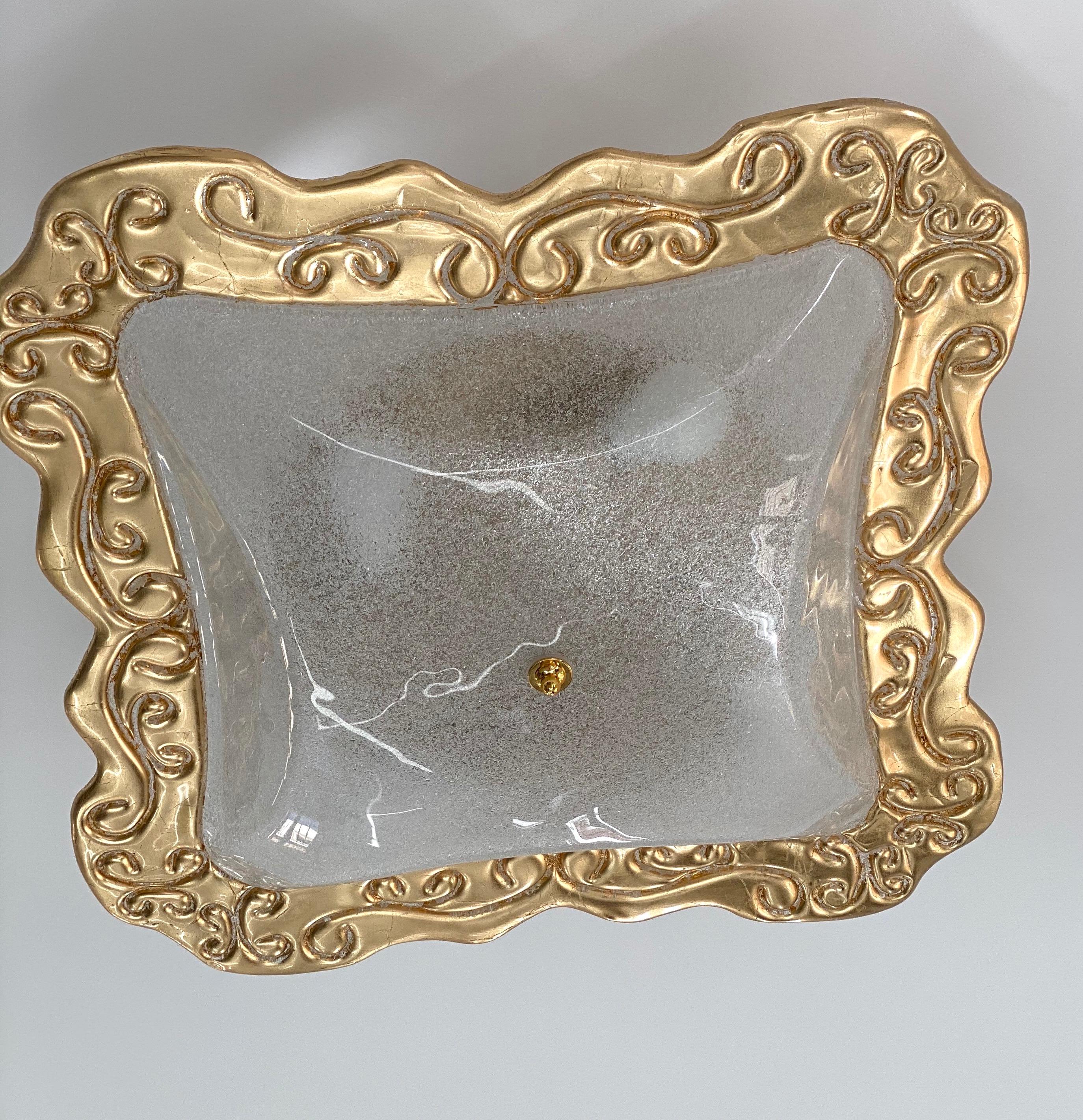 Huge Art Deco Style Square Murano Glass and Gold Modern Flushmount For Sale 4