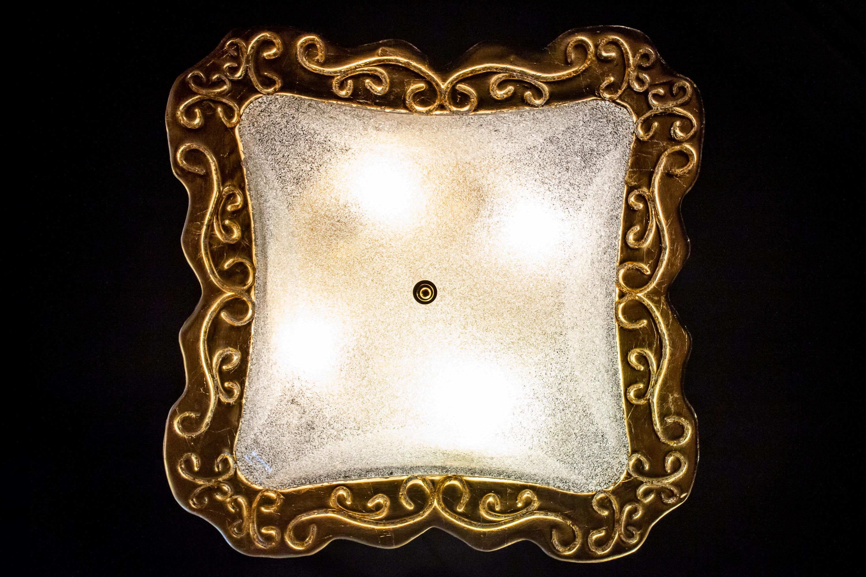 Huge Art Deco Style Square Murano Glass and Gold Modern Flushmount For Sale 8