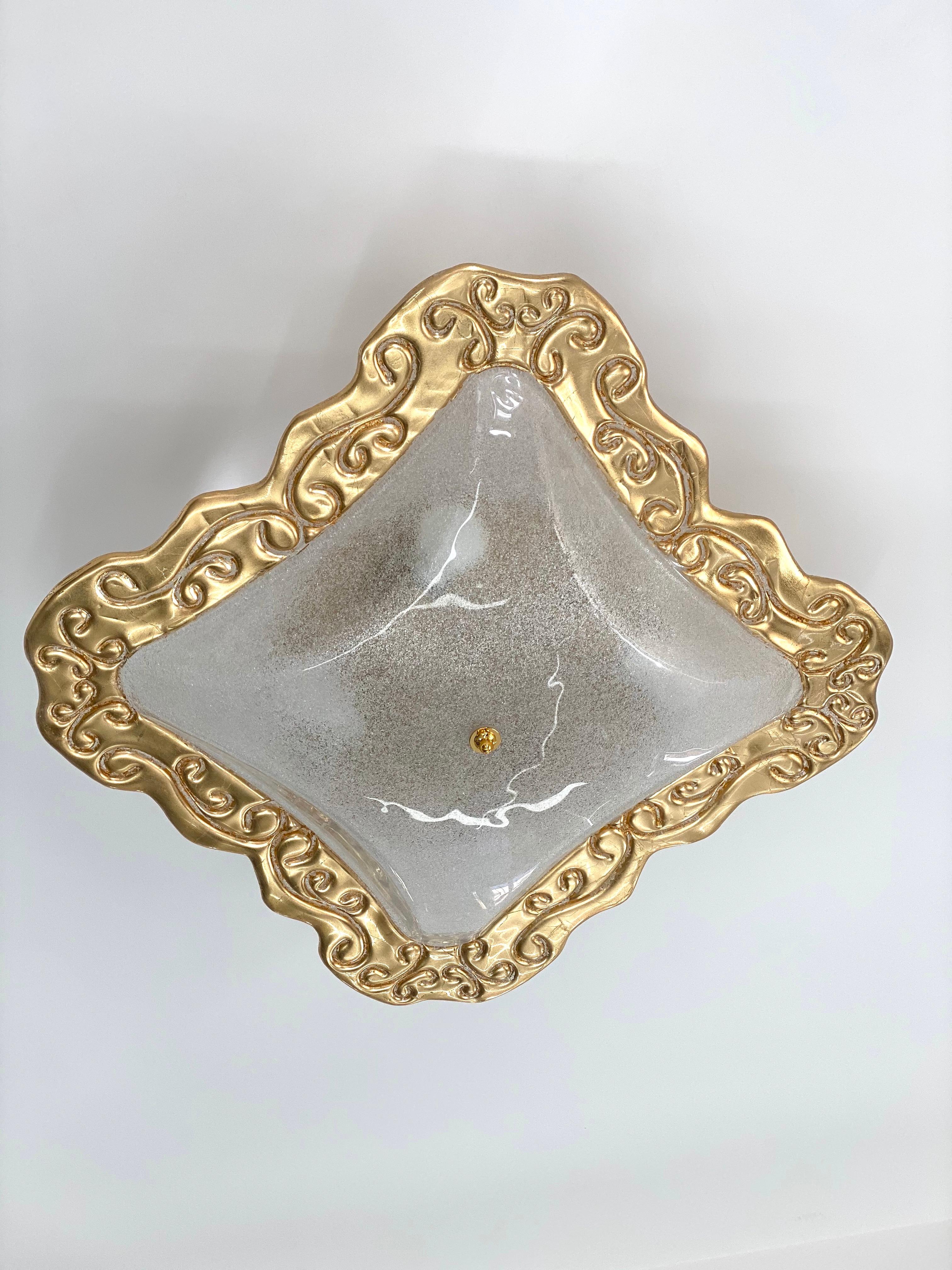 Contemporary Huge Art Deco Style Square Murano Glass and Gold Modern Flushmount For Sale