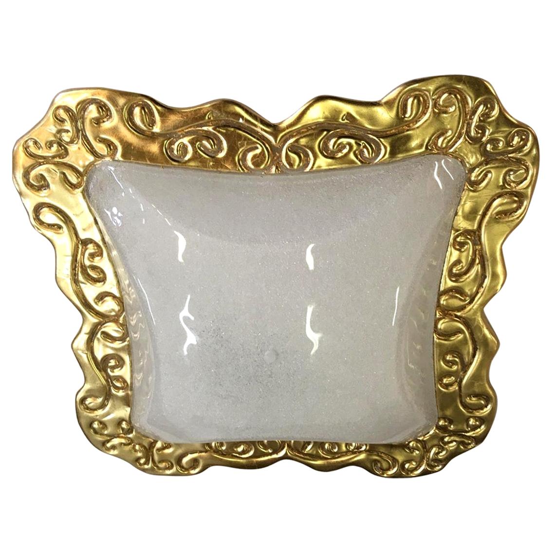 Italian Huge Art Deco Style Square Murano Glass and Gold Modern Flushmount For Sale