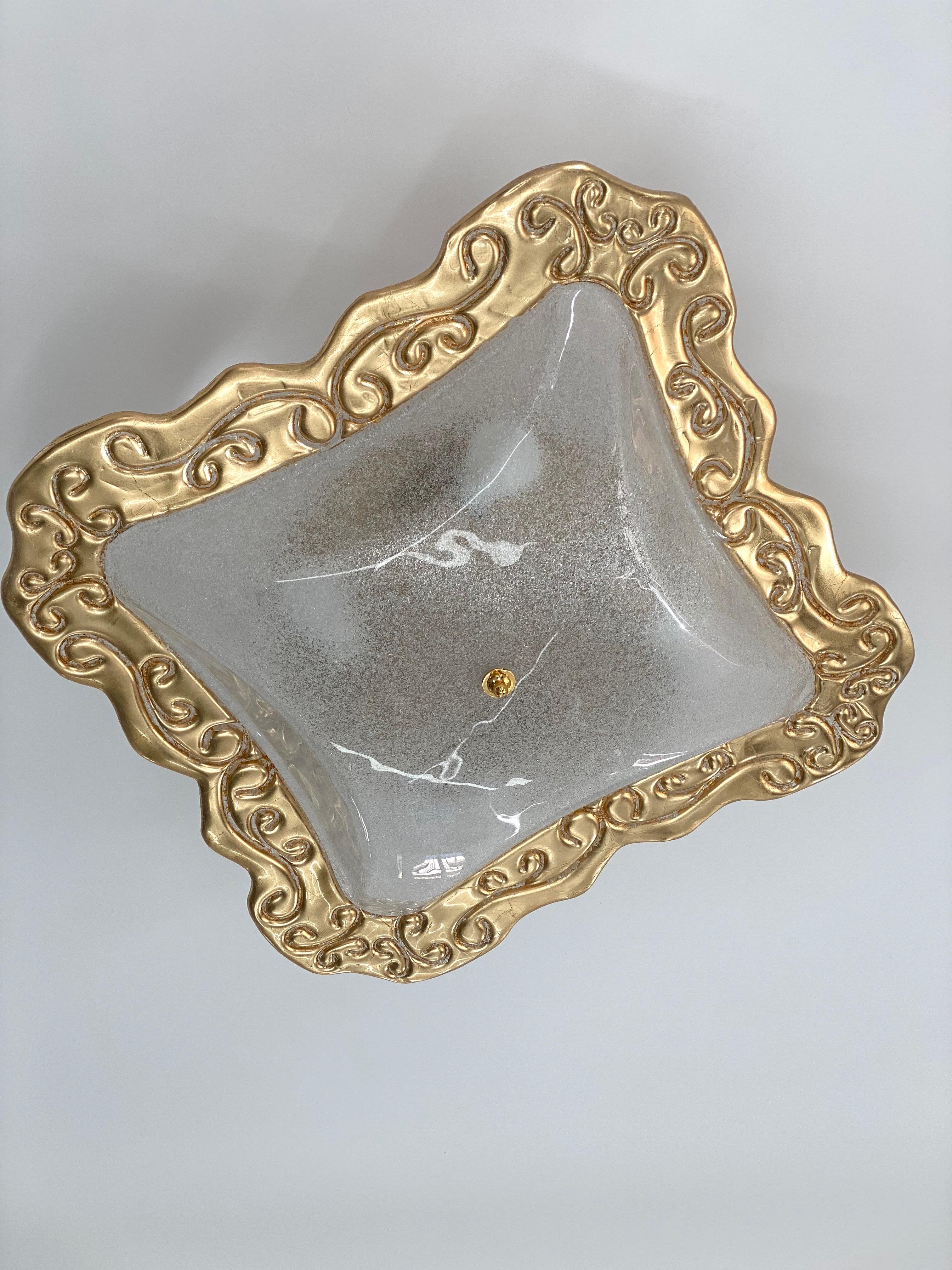 Huge Art Deco Style Square Murano Glass and Gold Modern Flushmount For Sale 1