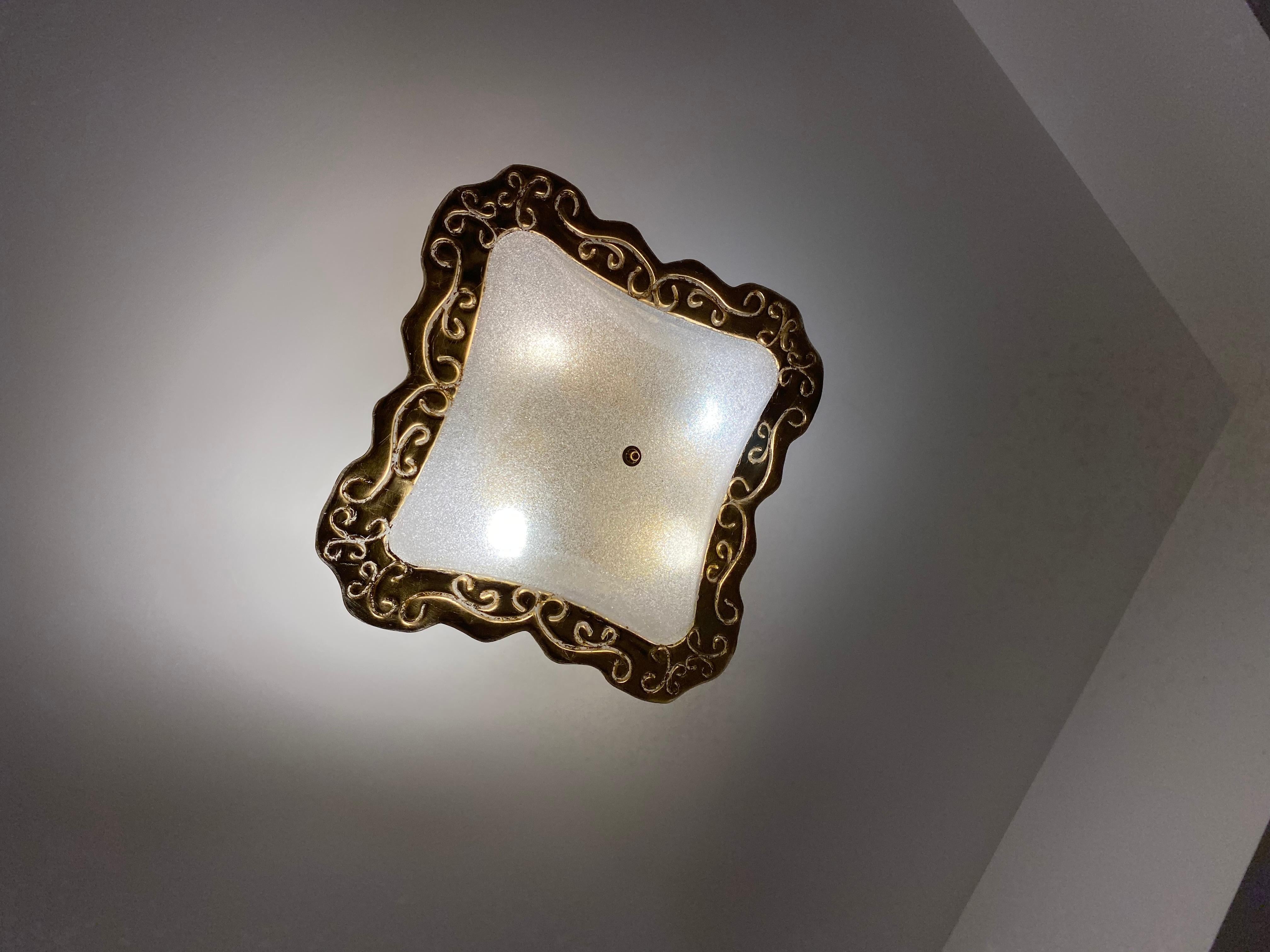 Huge riesige quadratische Einbaubeleuchtung im Art-déco-Stil aus Muranoglas und Gold im Angebot 1
