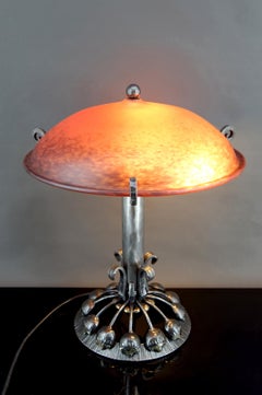 Huge Art Deco Wrought Iron Botanical Lamp, Red Glass Dome, France, Circa 1930