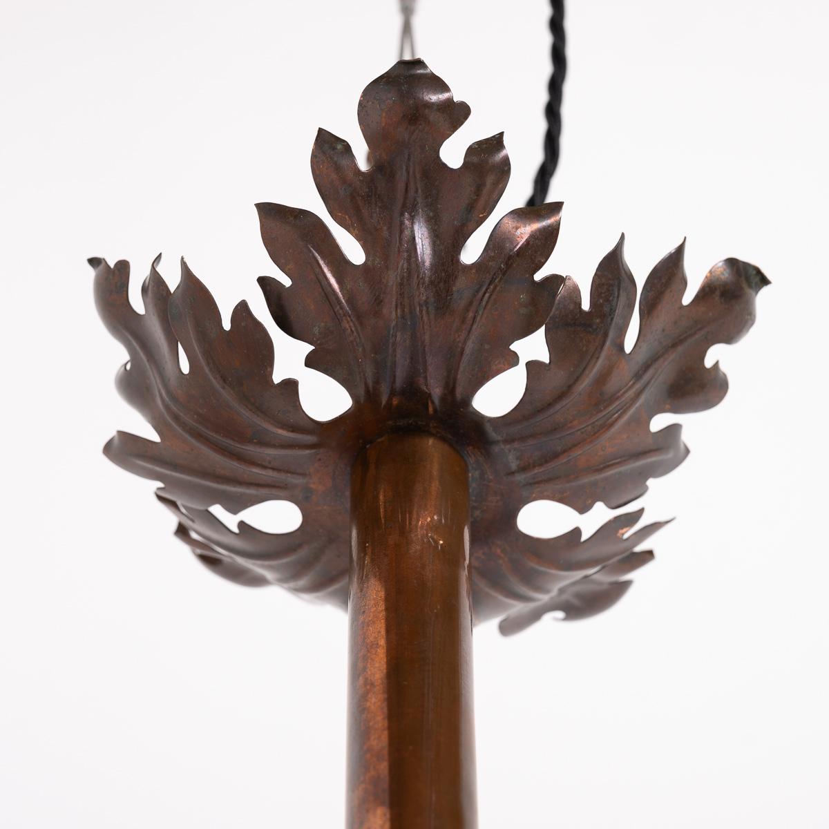 Huge Art Nouveau Copper Three Branch Ceiling Light with Holophane Shades 5