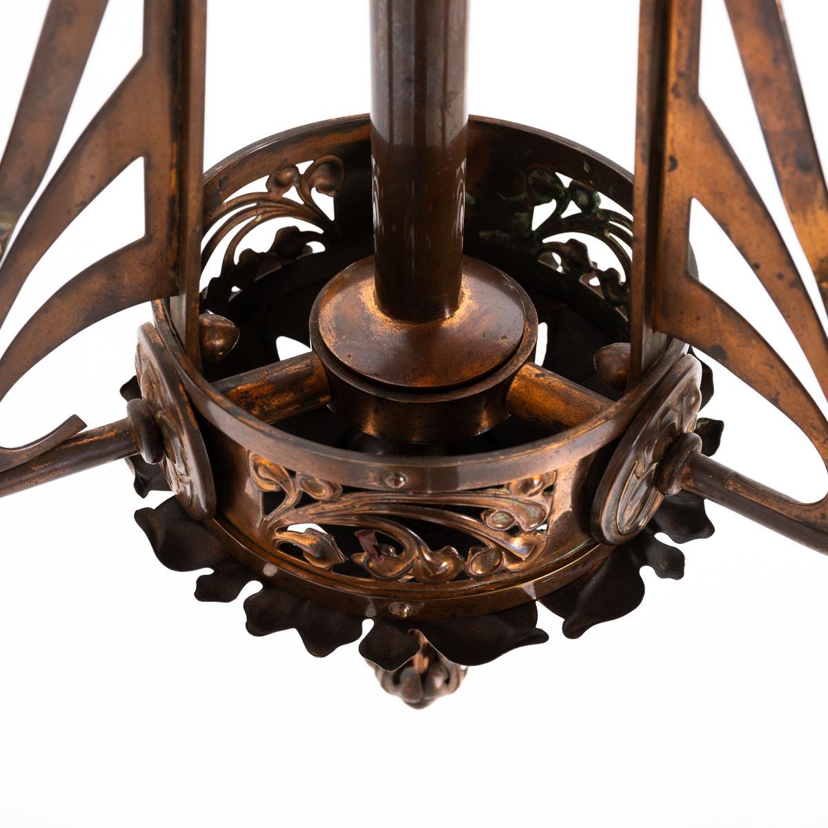 Huge Art Nouveau Copper Three Branch Ceiling Light with Holophane Shades 7