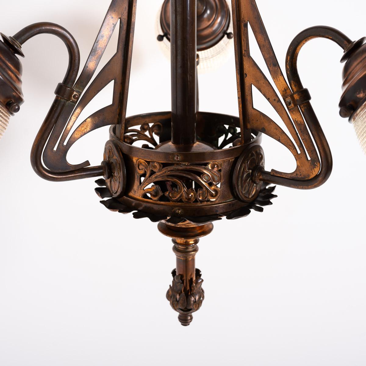 Huge Art Nouveau Copper Three Branch Ceiling Light with Holophane Shades 8