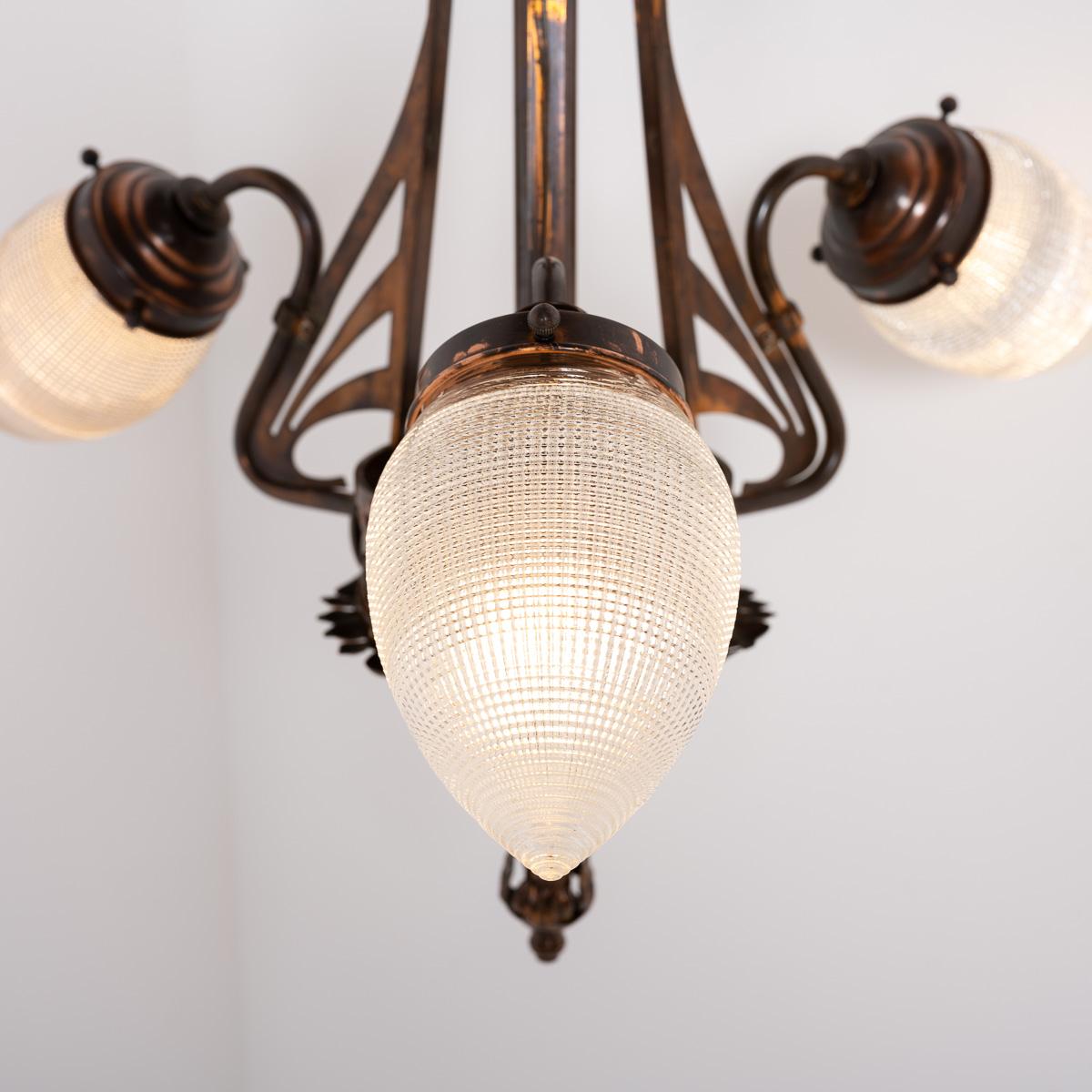 Huge Art Nouveau Copper Three Branch Ceiling Light with Holophane Shades 9