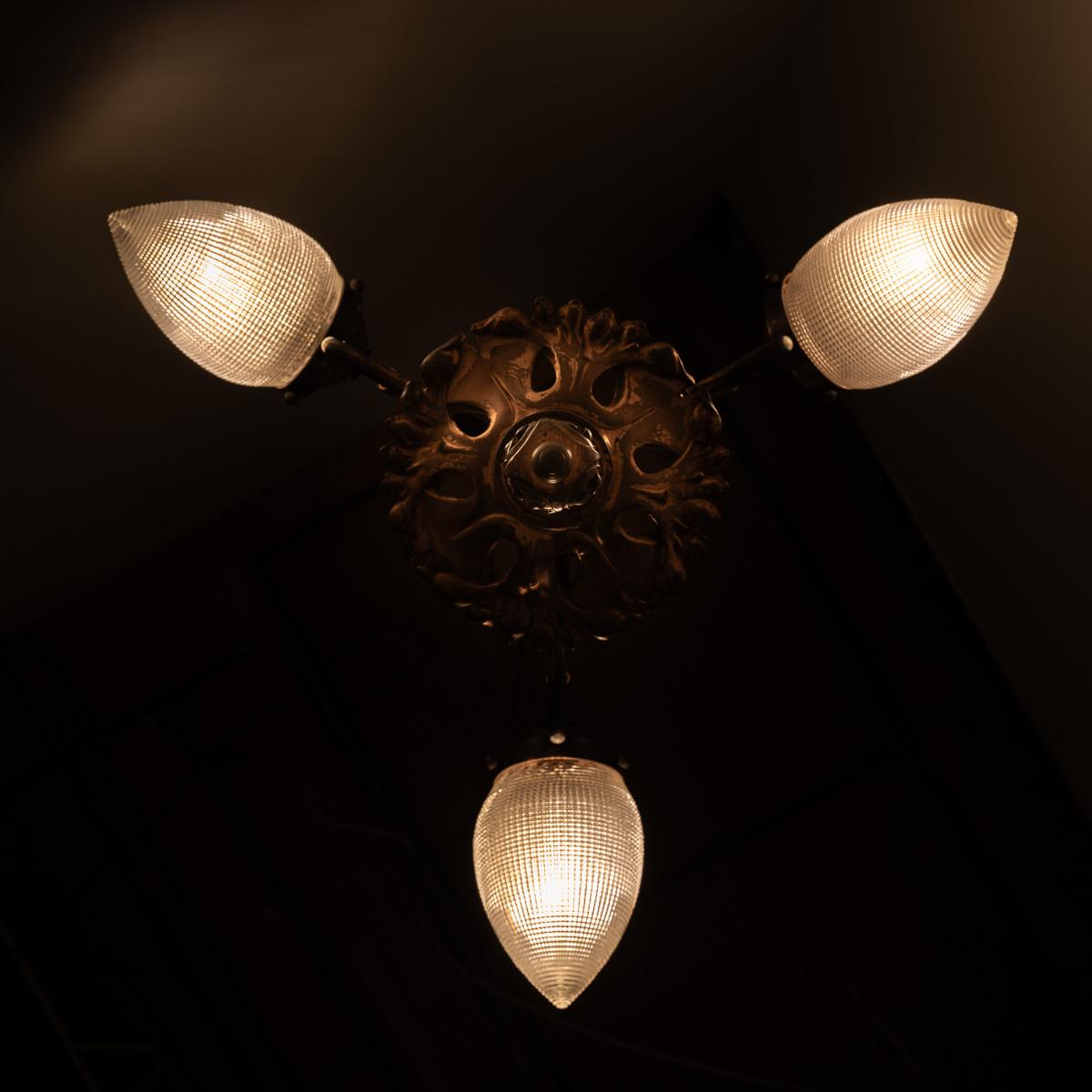 Huge Art Nouveau Copper Three Branch Ceiling Light with Holophane Shades 10
