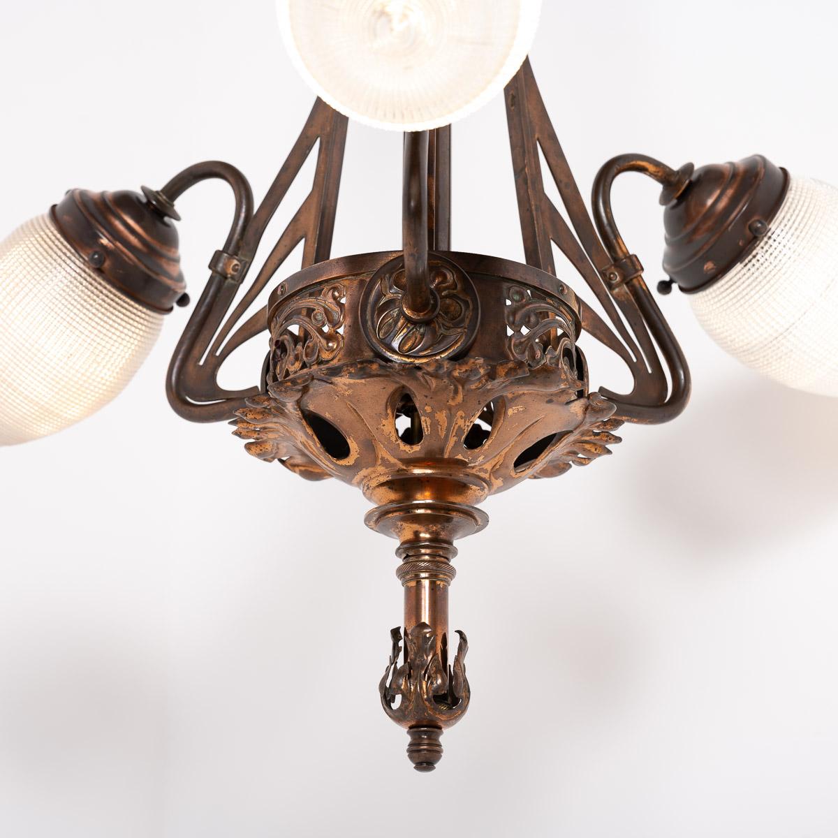 Huge Art Nouveau Copper Three Branch Ceiling Light with Holophane Shades 11
