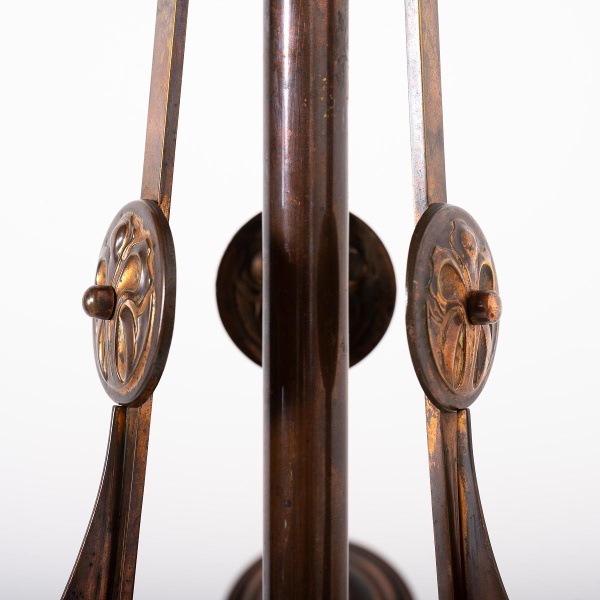 Huge Art Nouveau Copper Three Branch Ceiling Light with Holophane Shades 13