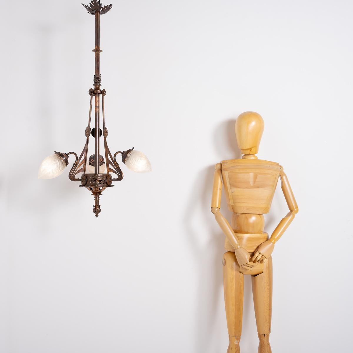 Huge English Country House Decorative Copper Pendant Light with Holophane Pine Shades

Exceptional quality copper light fitting of huge proportions.

English Made circa 1920.

The light has been hand crafted from the best quality components
