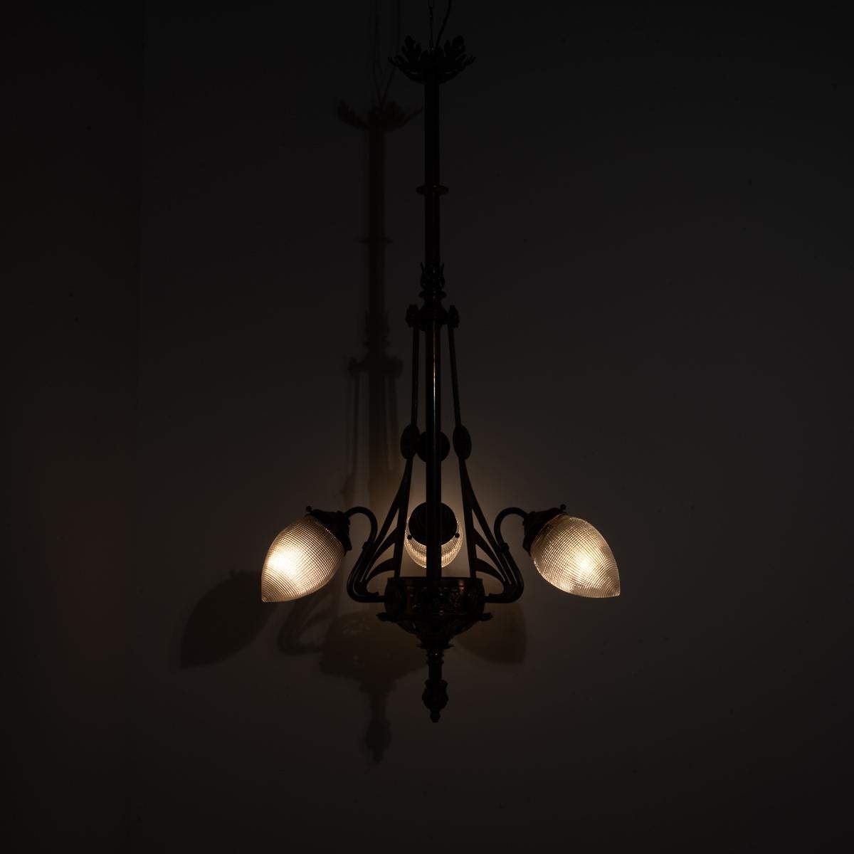 Huge Art Nouveau Copper Three Branch Ceiling Light with Holophane Shades In Good Condition In Nottingham, GB