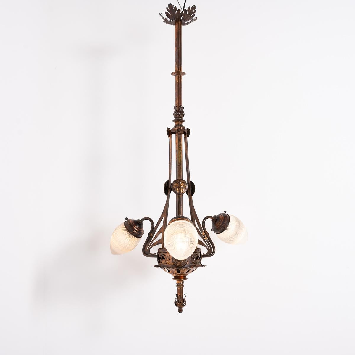Early 20th Century Huge Art Nouveau Copper Three Branch Ceiling Light with Holophane Shades