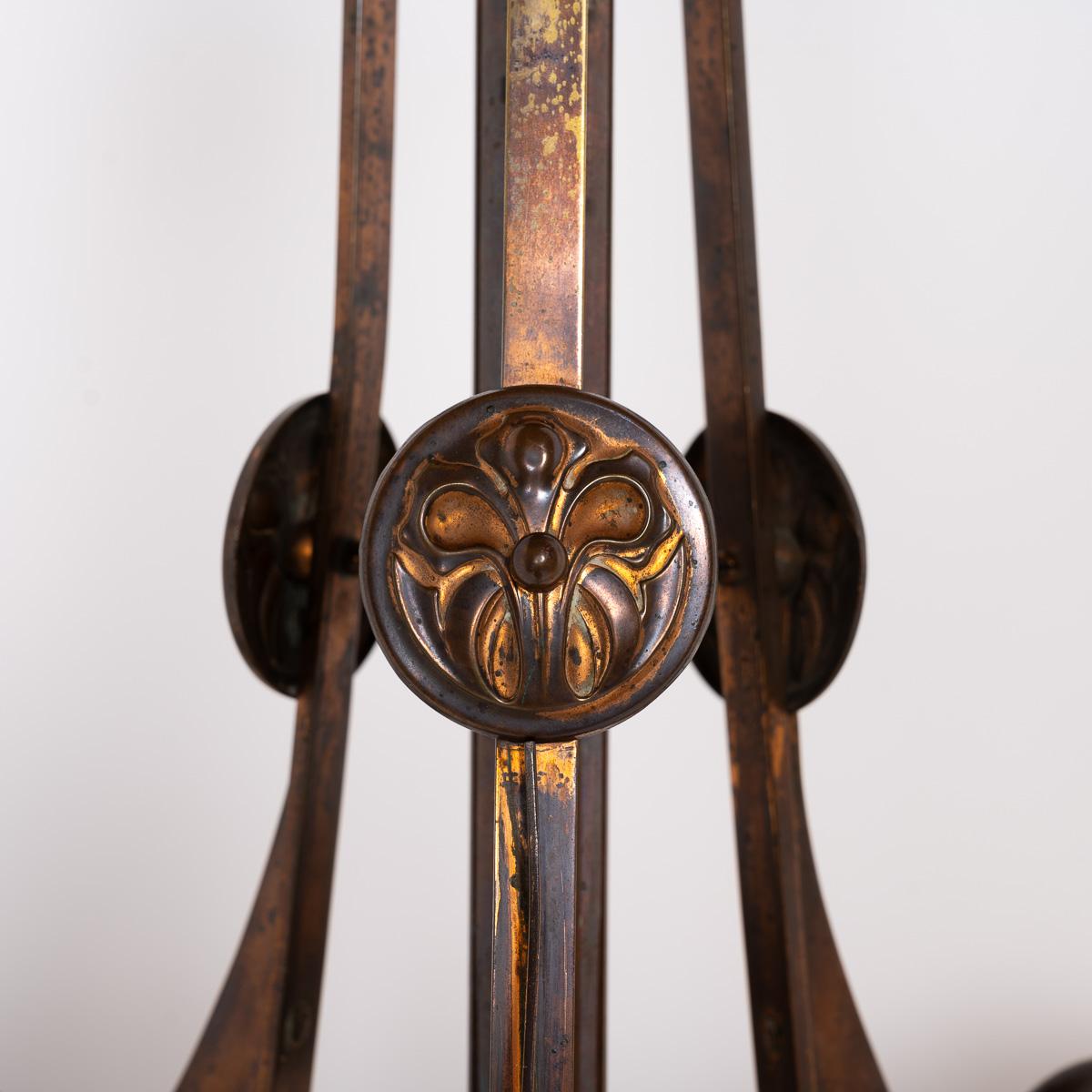 Glass Huge Art Nouveau Copper Three Branch Ceiling Light with Holophane Shades