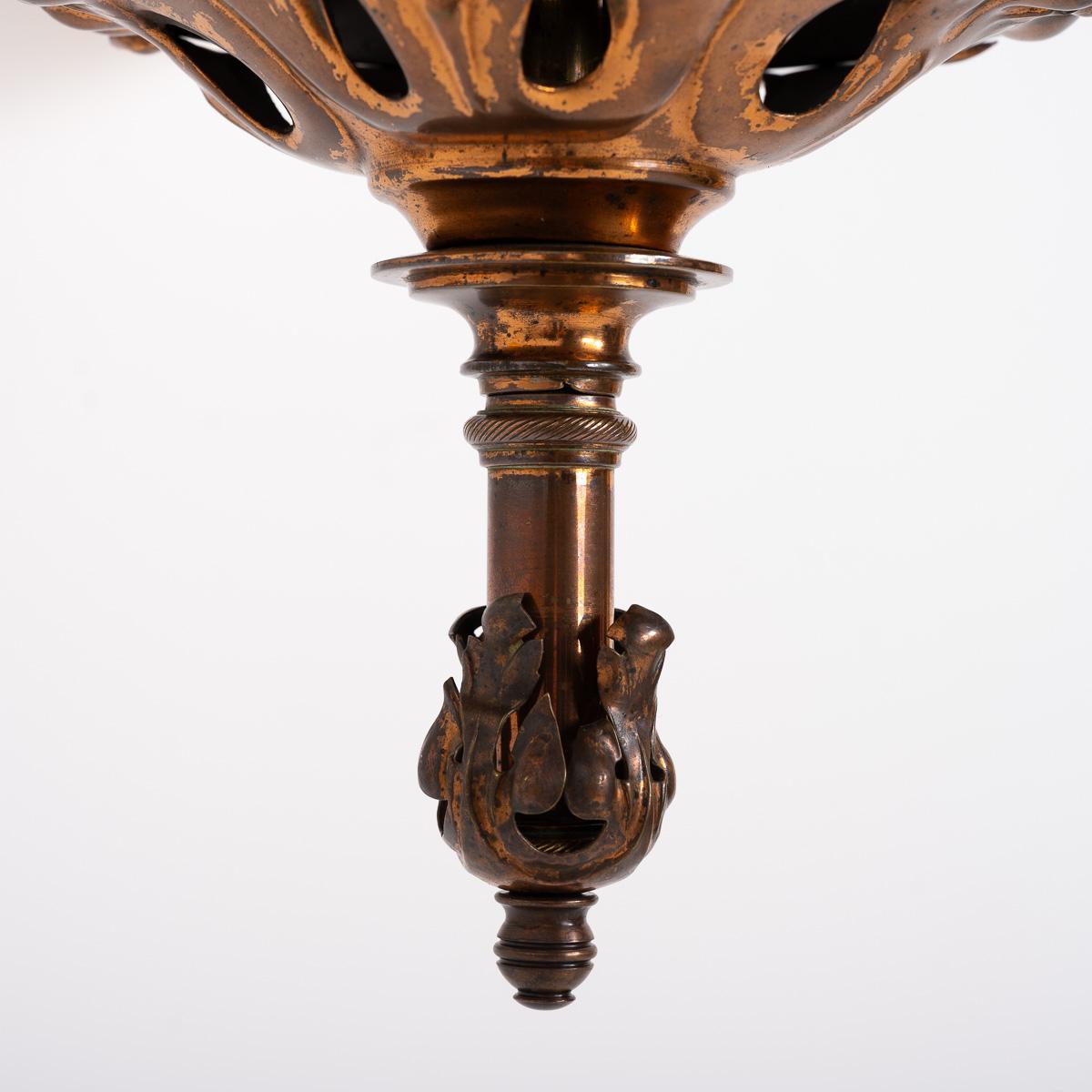 Huge Art Nouveau Copper Three Branch Ceiling Light with Holophane Shades 1