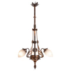 Antique Huge Art Nouveau Copper Three Branch Ceiling Light with Holophane Shades