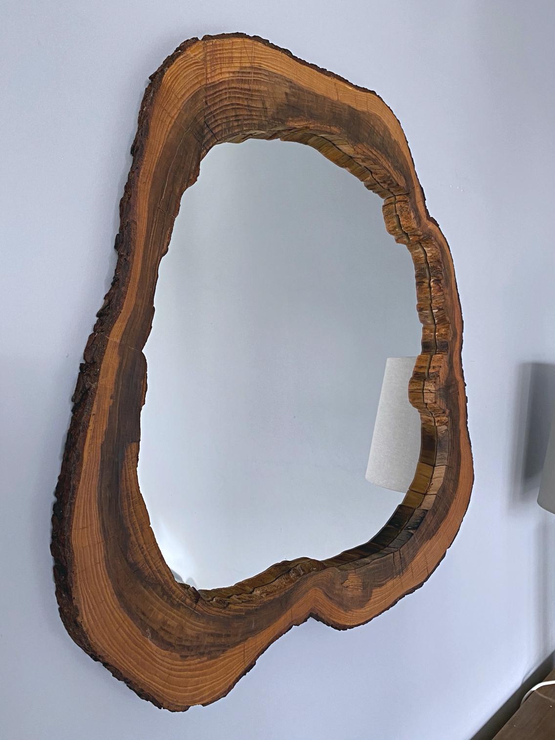 Mid-Century Modern Huge Artisanal Walnut Wood Slab Midcentury Wall Mirror, 1956, Austria