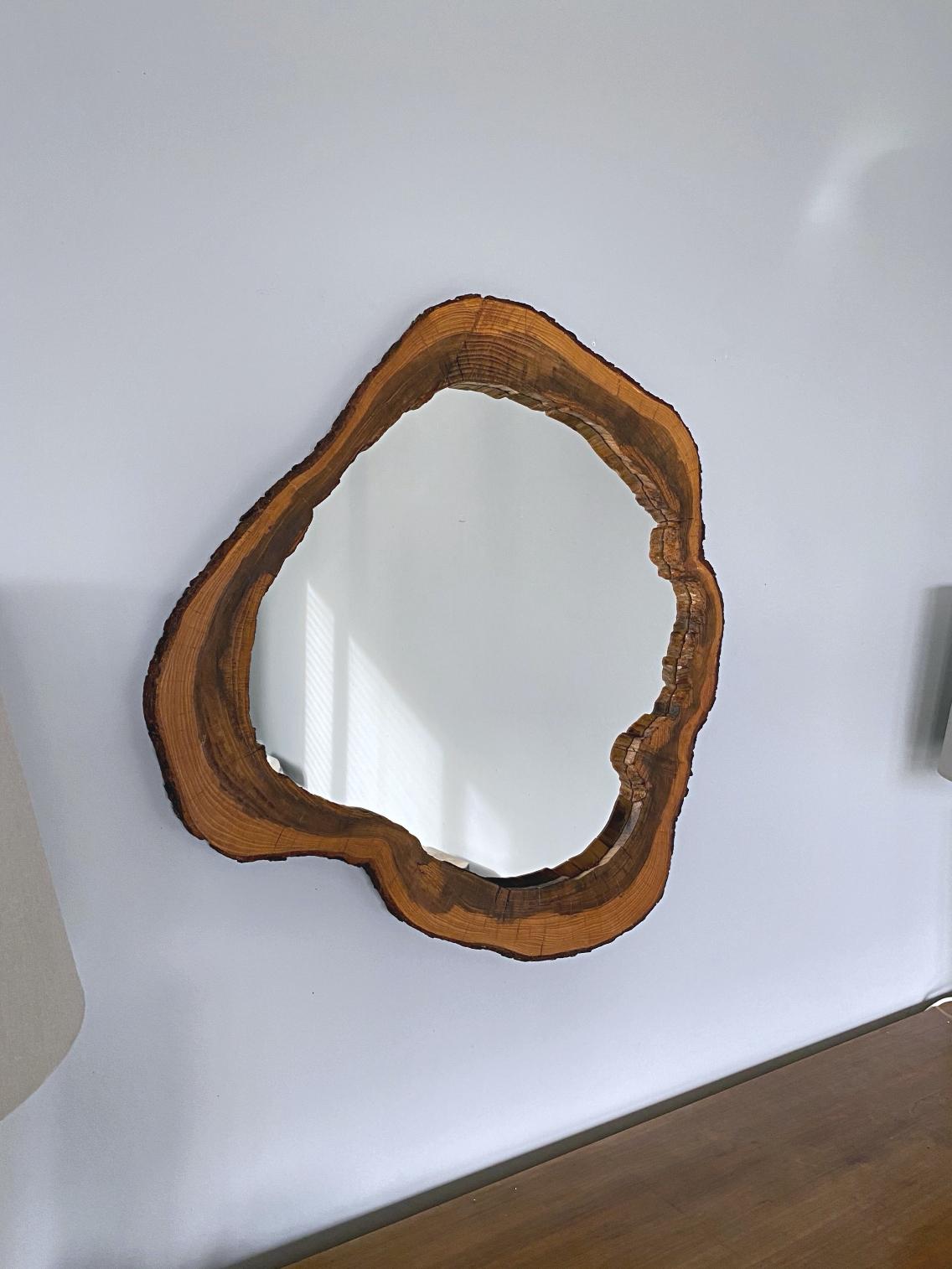 Austrian Huge Artisanal Walnut Wood Slab Midcentury Wall Mirror, 1956, Austria