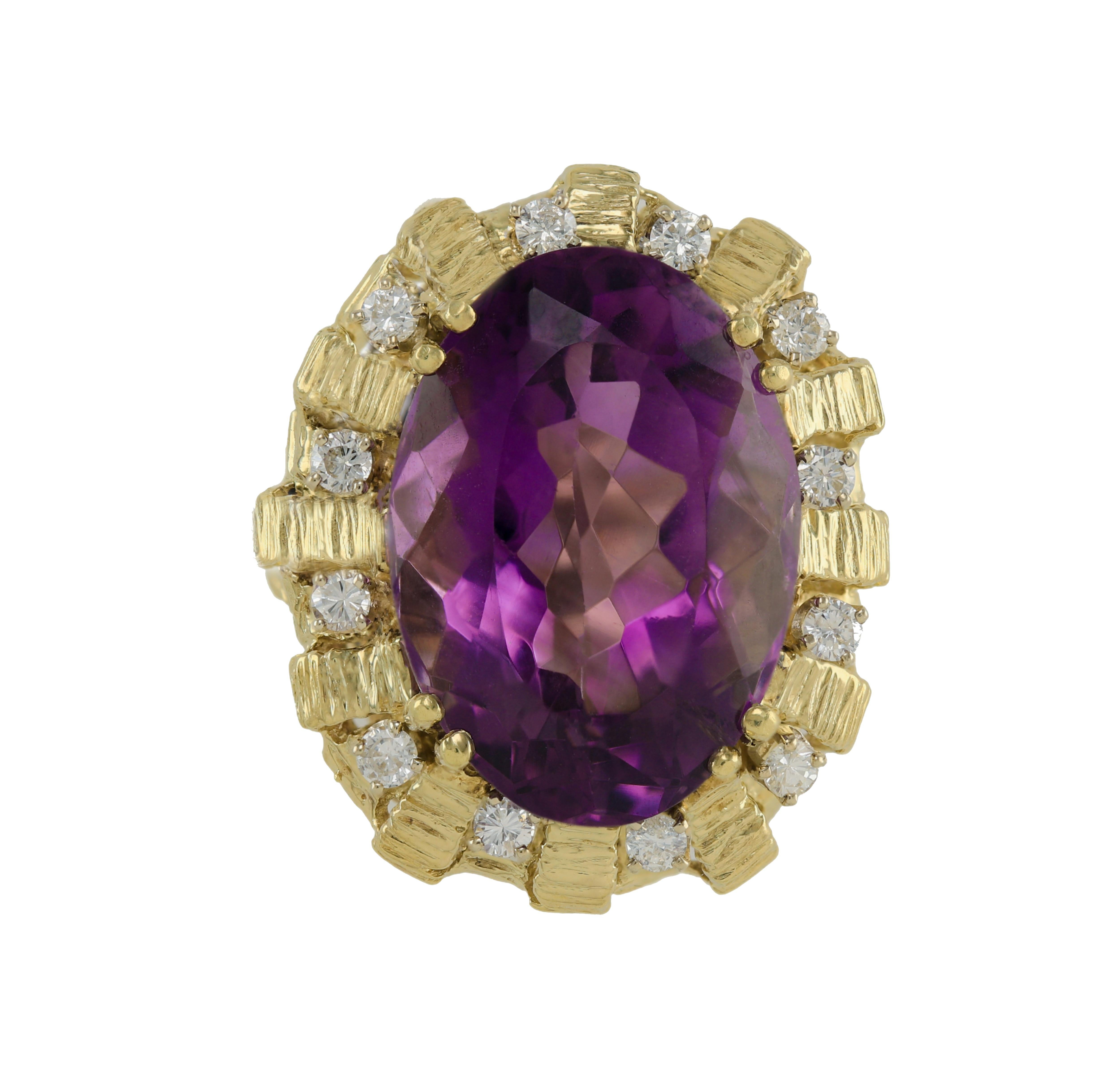 Modernist Huge Artistic 30.0 Carat Amethyst and Diamond Gold Cage Cocktail Ring For Sale