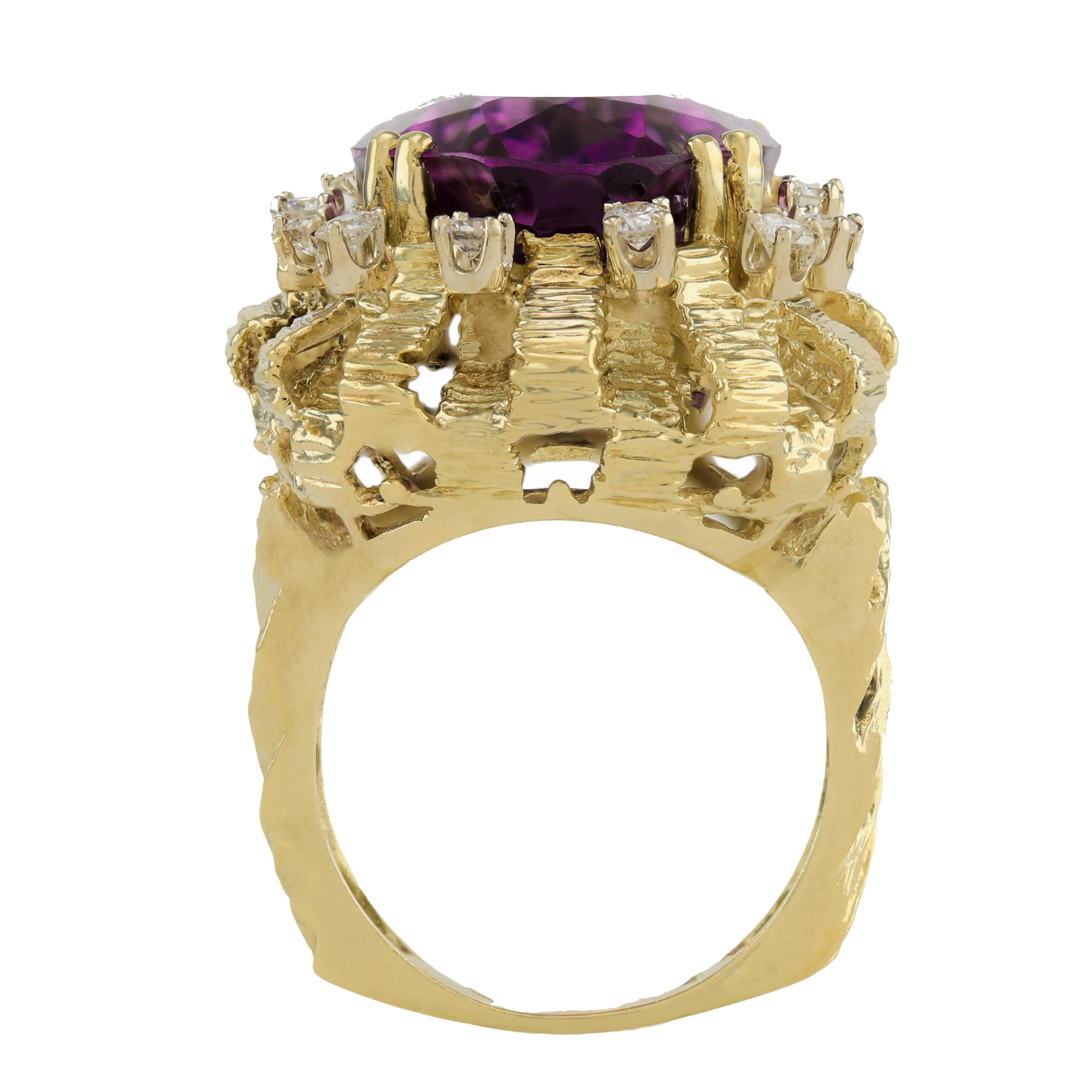 Oval Cut Huge Artistic 30.0 Carat Amethyst and Diamond Gold Cage Cocktail Ring For Sale