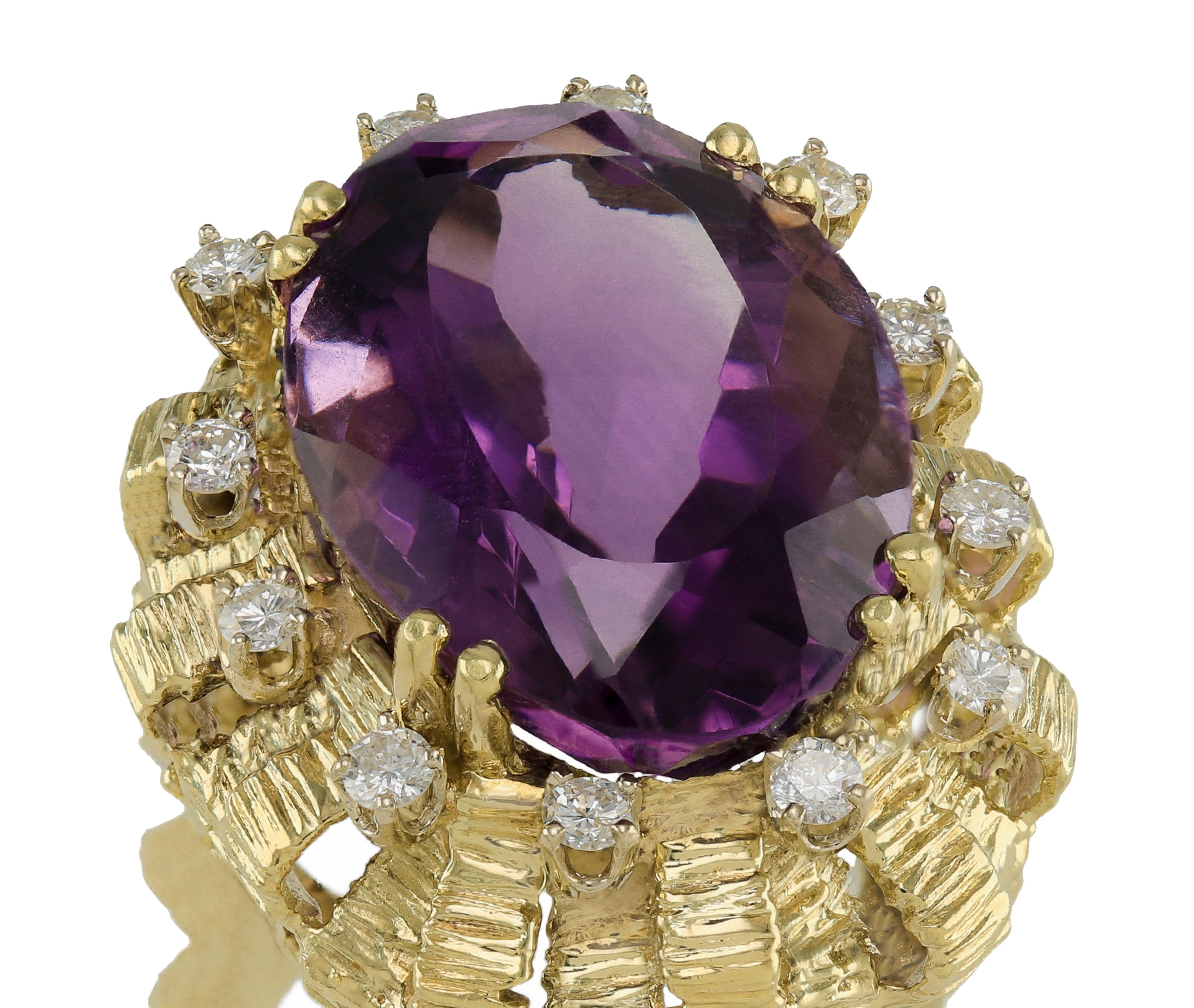 Huge Artistic 30.0 Carat Amethyst and Diamond Gold Cage Cocktail Ring In Excellent Condition For Sale In Great Neck, NY