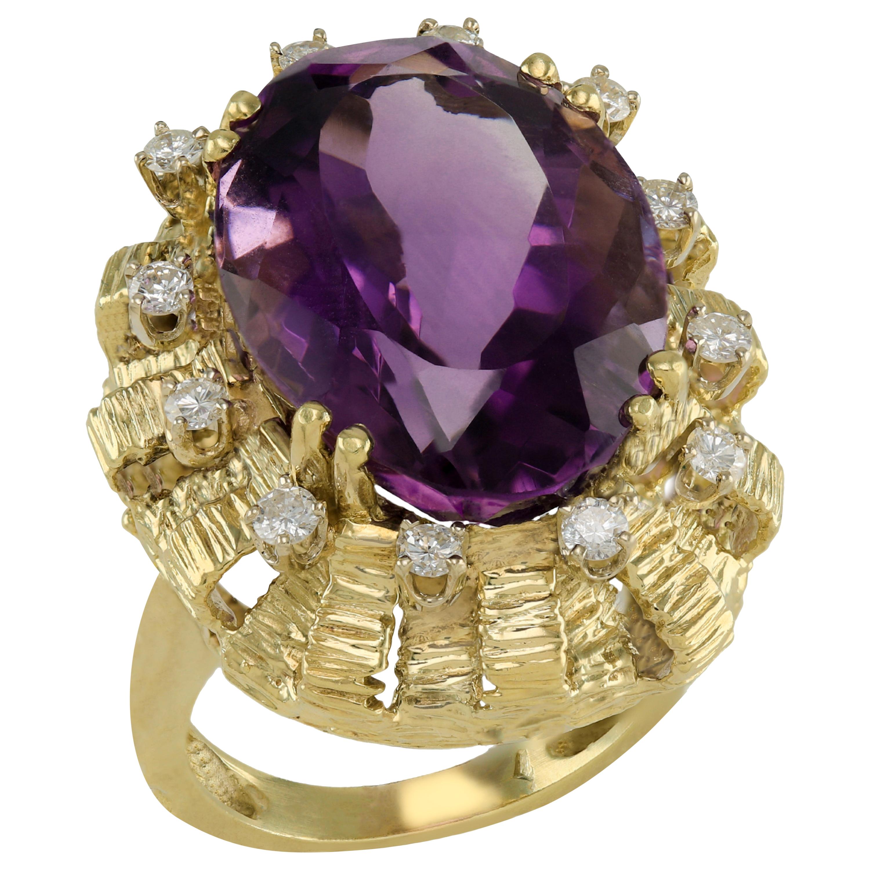 Huge Artistic 30.0 Carat Amethyst and Diamond Gold Cage Cocktail Ring For Sale