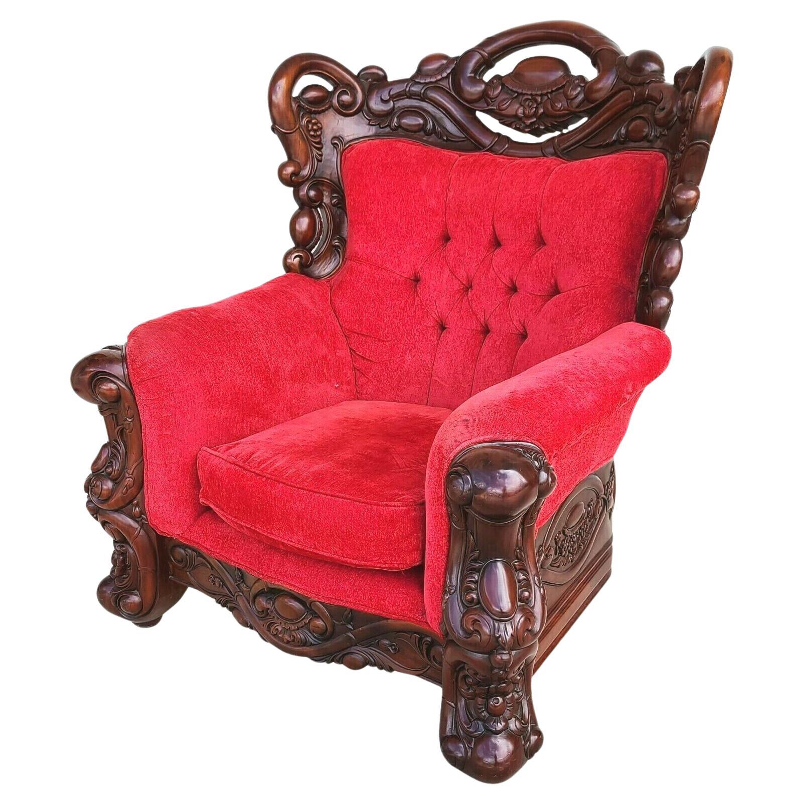 Huge Asian Chinoiserie Carved Rosewood Armchair