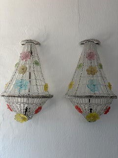 Huge Beaded Colorful Murano Flowers Sconces, circa 1940 Italian