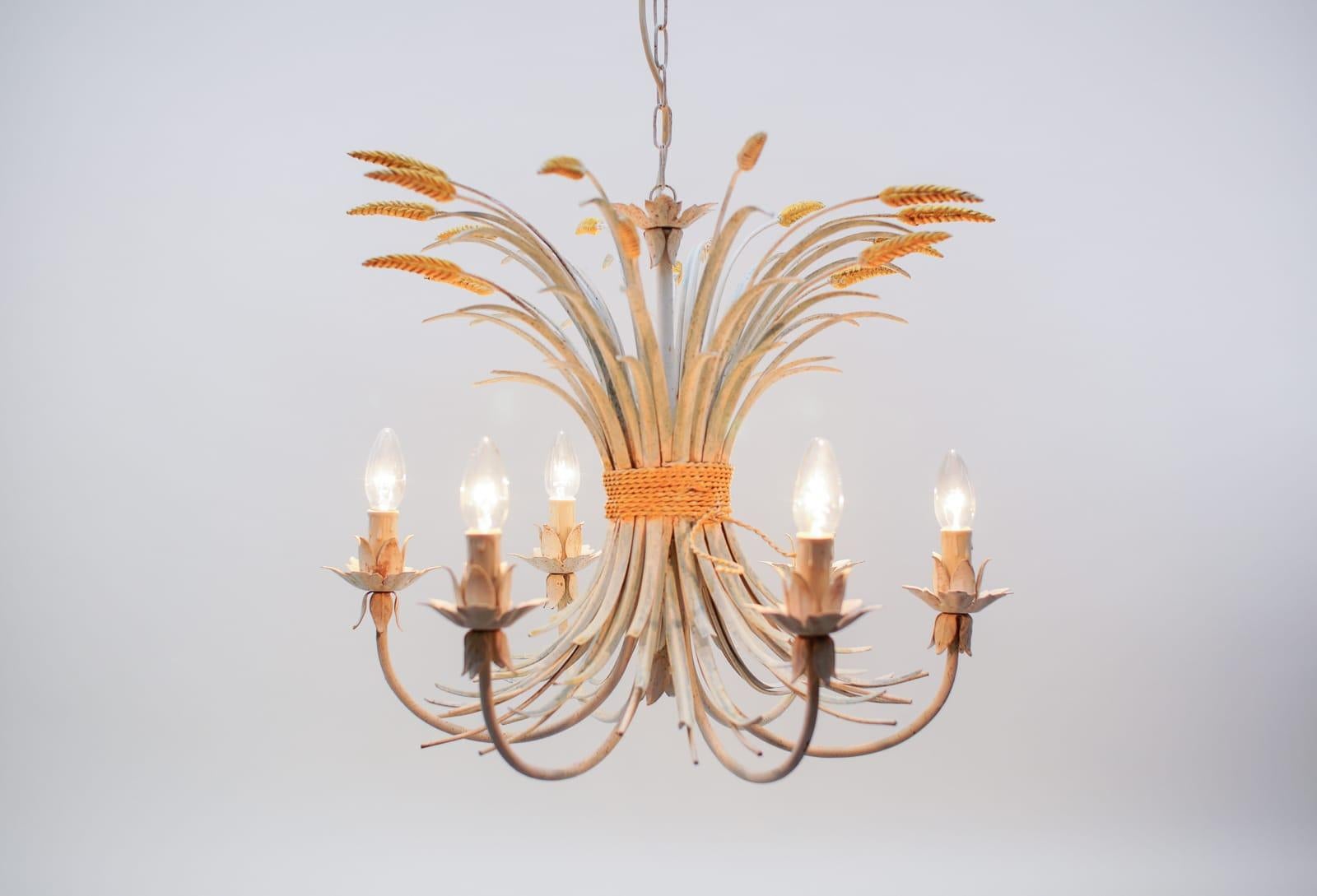 Mid-Century Modern Huge Beautiful Hand Painted Wheat Sheaf Hanging Lamp, 1960s, Italy