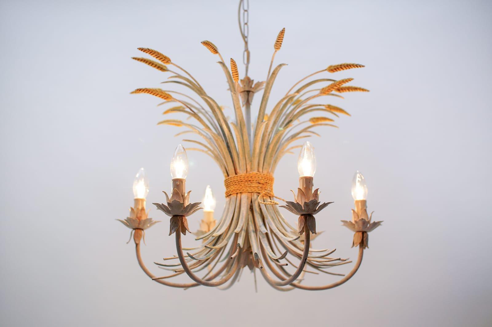 Mid-20th Century Huge Beautiful Hand Painted Wheat Sheaf Hanging Lamp, 1960s, Italy
