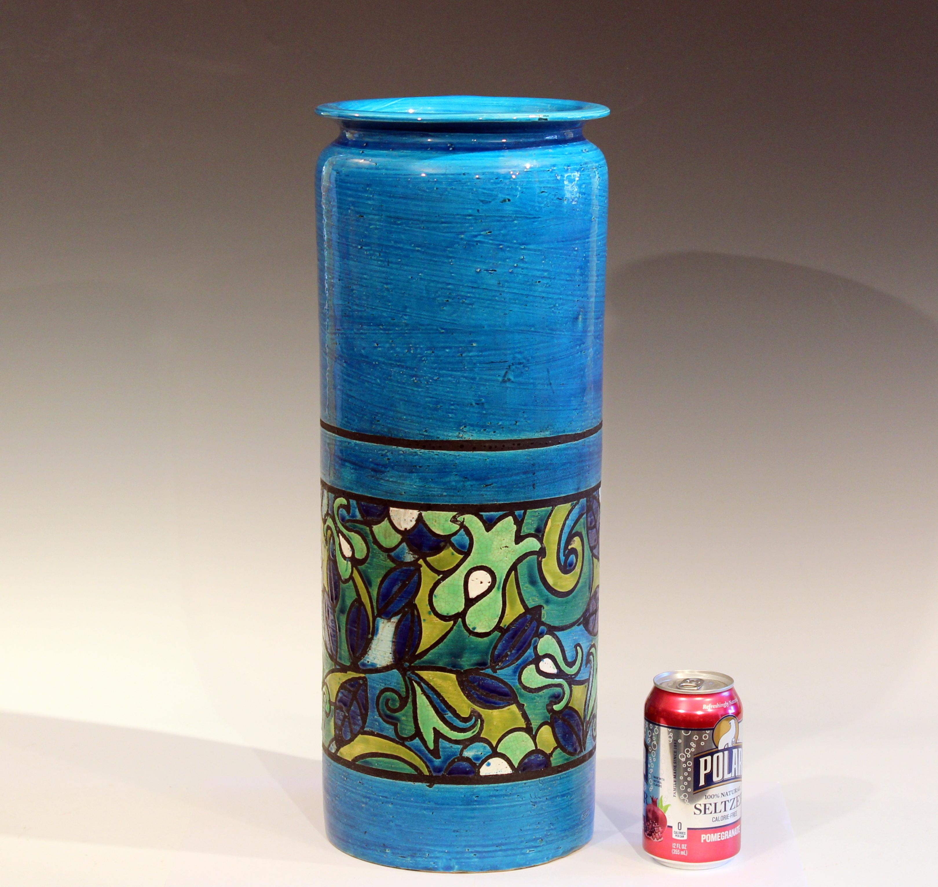 Huge Bitossi vase or stick stand in brilliant Bitossi blue with band of floral decoration, circa 1960's. 20