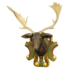 Used Huge Black Forest Carved Fallow Deer Head with Large Antlers, circa 1890