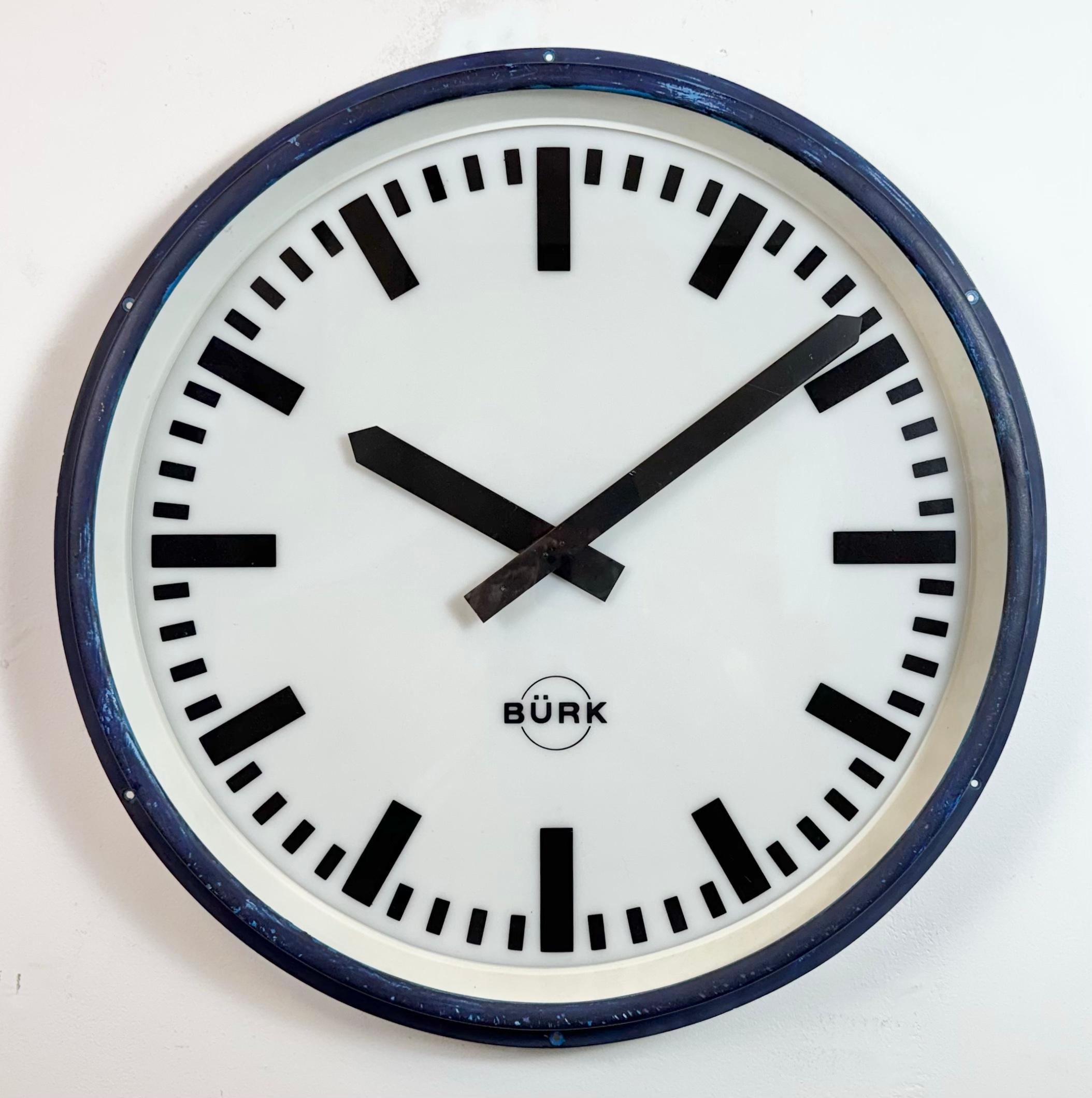 Huge Blue German Industrial Factory Wall Clock from Burk, 1960s In Good Condition For Sale In Kojetice, CZ