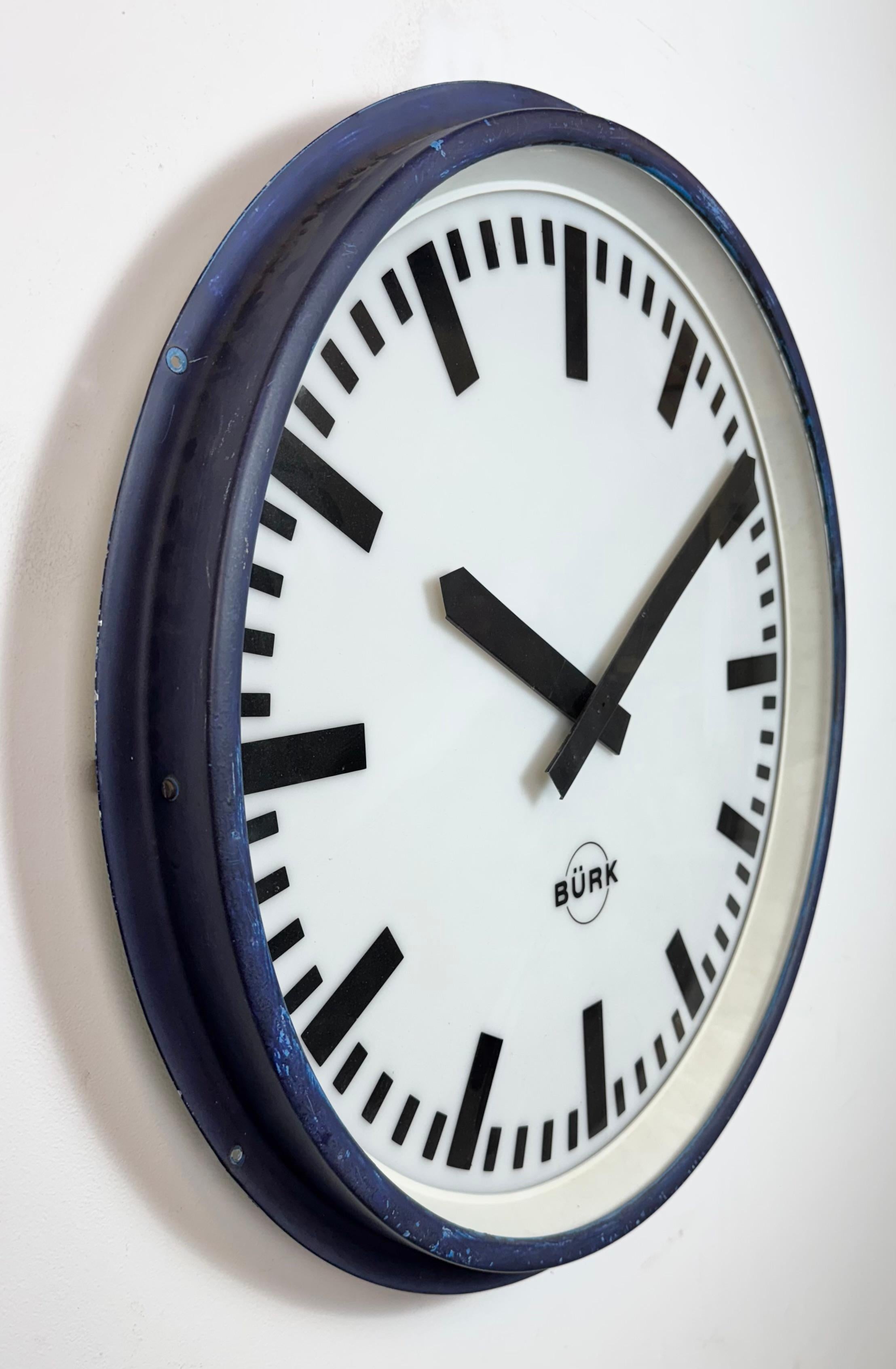 Glass Huge Blue German Industrial Factory Wall Clock from Burk, 1960s For Sale