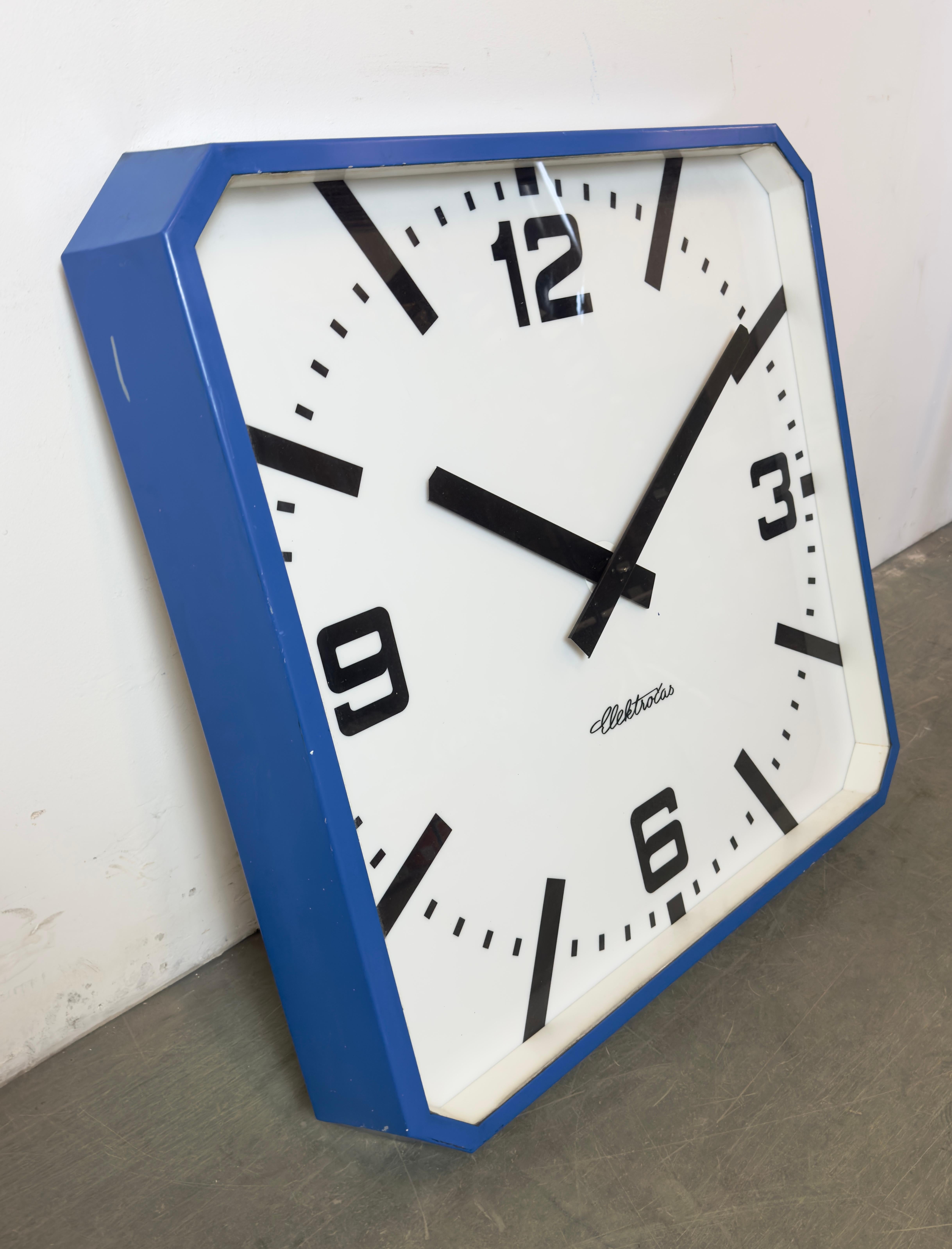 Czech Huge Blue Square Industrial Wall Clock from Elektročas, 1990s For Sale