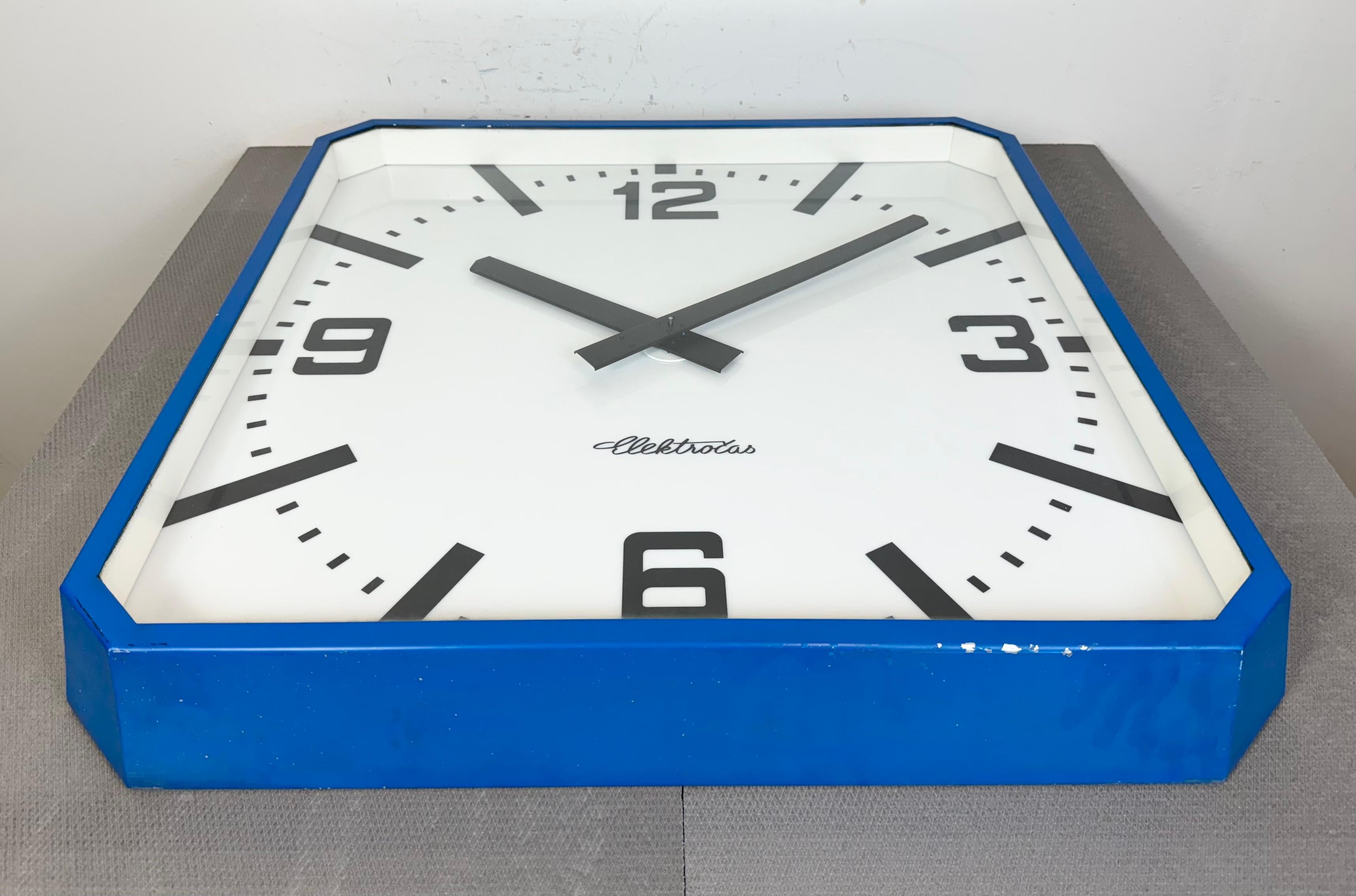 Huge Blue Square Industrial Wall Clock from Elektročas, 1990s In Good Condition For Sale In Kojetice, CZ